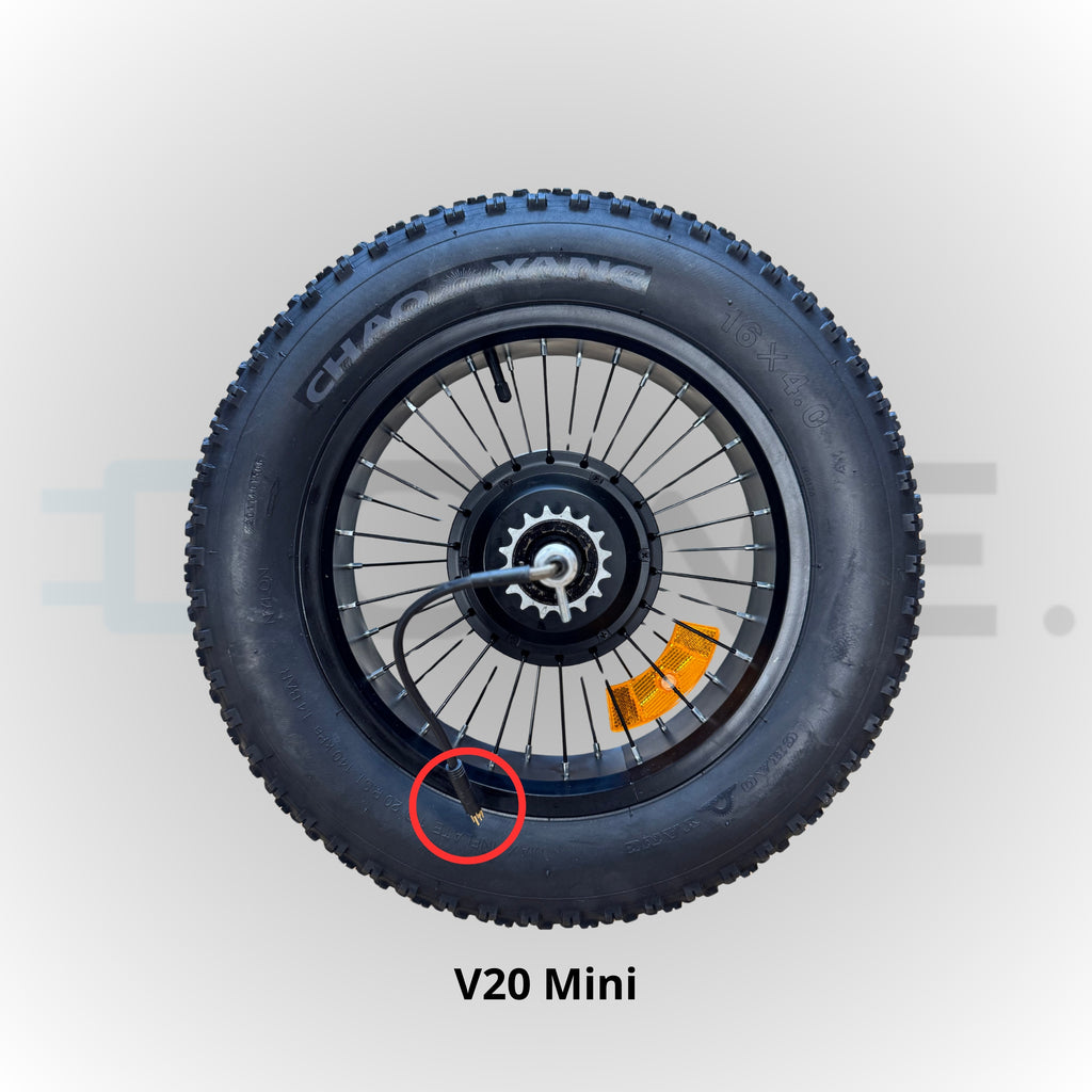 Achtervelg met spaken, band en remschijf voor QMWheel V20 Mini fatbike – compleet 16x4.0 inch achterwiel