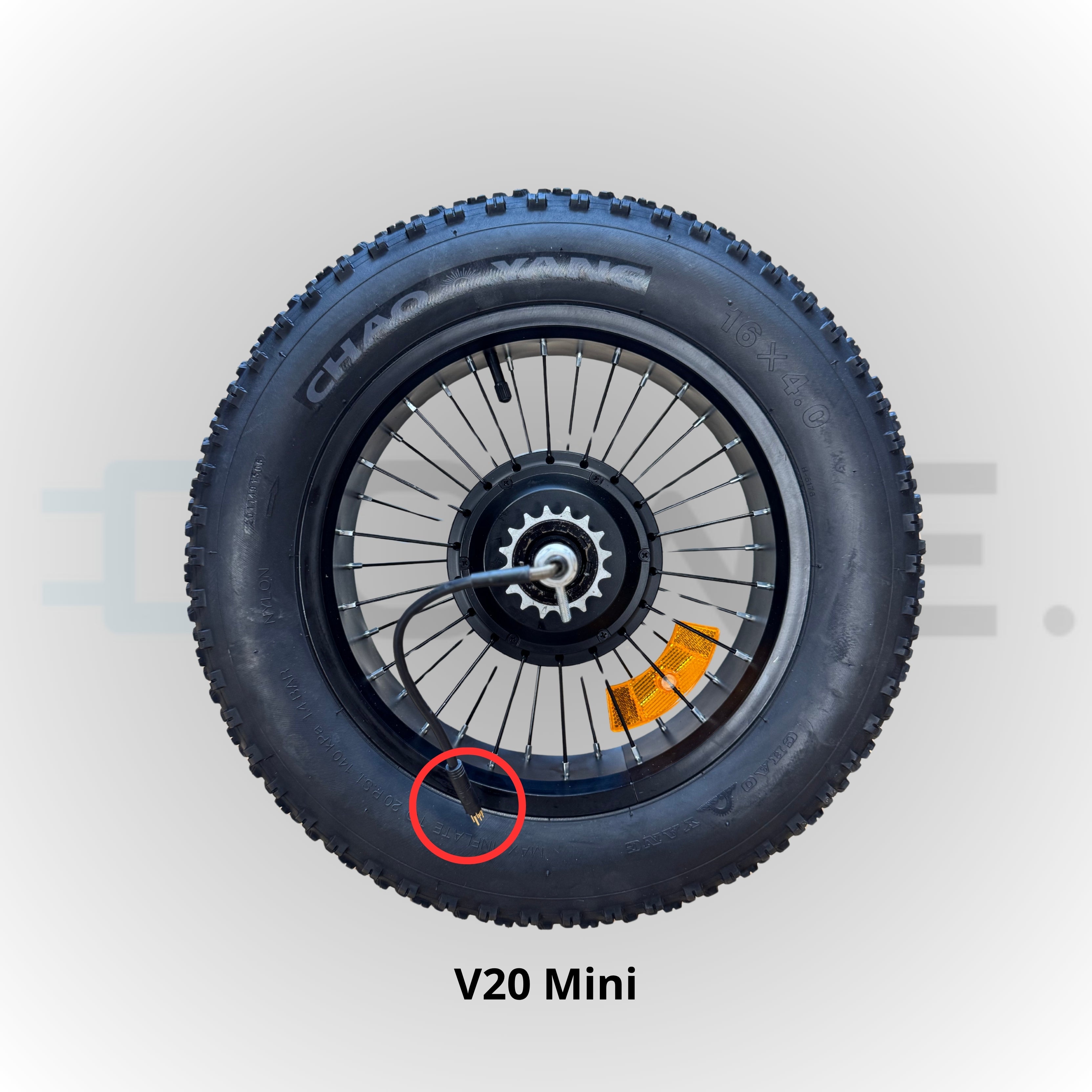 Achtervelg met spaken, band en remschijf voor QMWheel V20 Mini fatbike – compleet 16x4.0 inch achterwiel