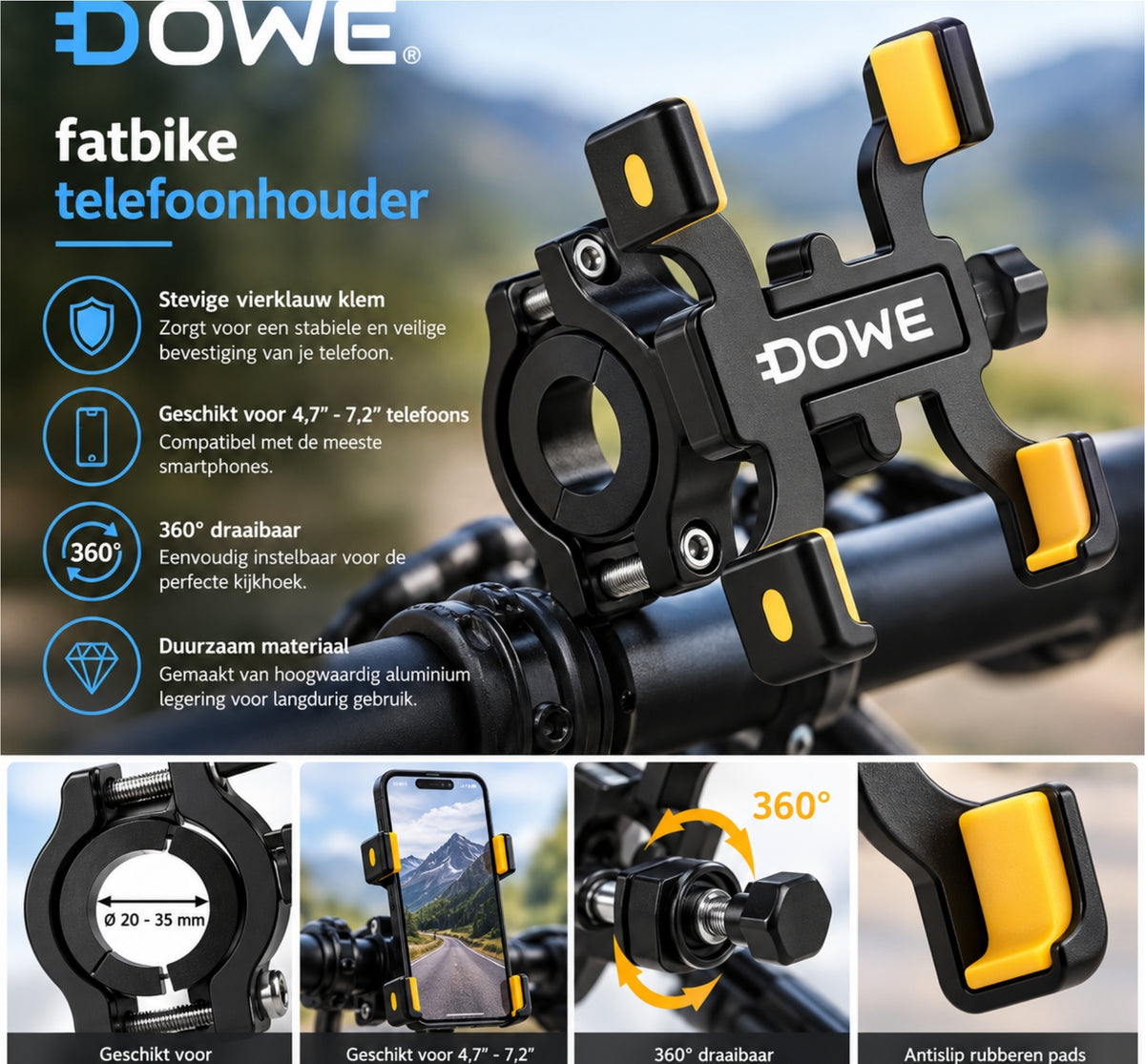 DOWE Telefoonhouder Fiets – Hoogwaardige Aluminiumlegering, 360° Draaibaar & Antislip