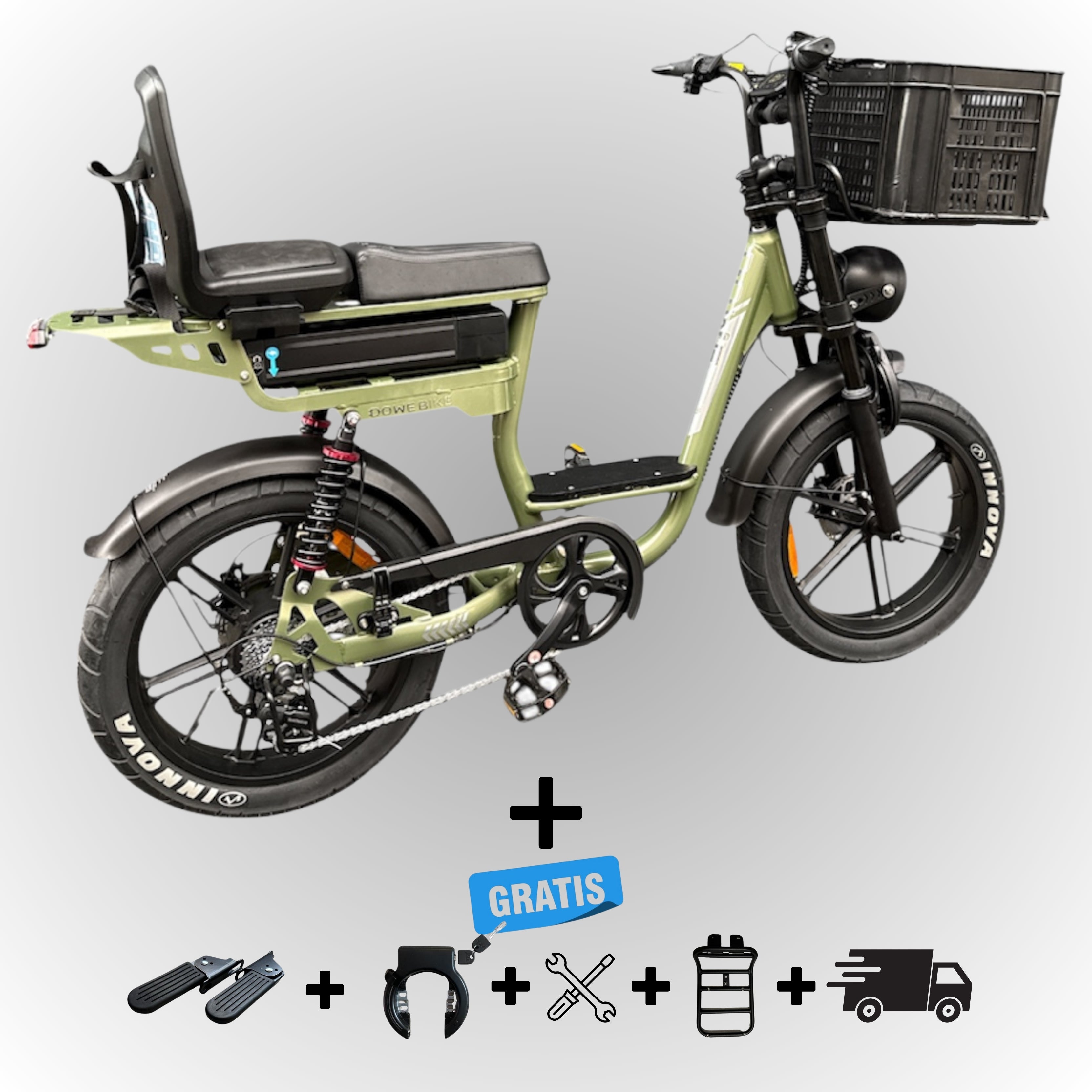 Elektrische fatbike 250W Dowe C28 met kinderzitje achter en voor-krat