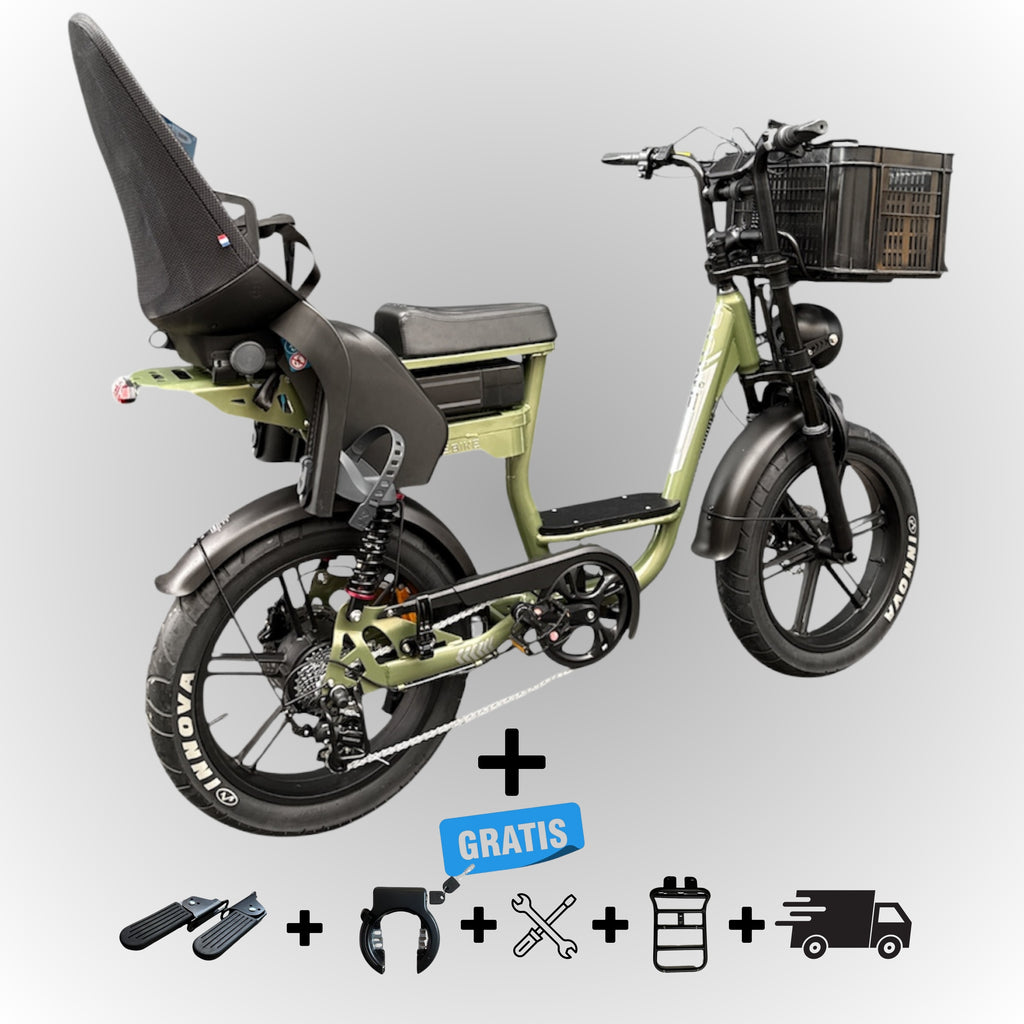 Dowe C28 Fatbike groen met Kinderzitje (4 jaar / 22 kg) & Voor-Krat – Krachtig, Veilig & Rijklaar