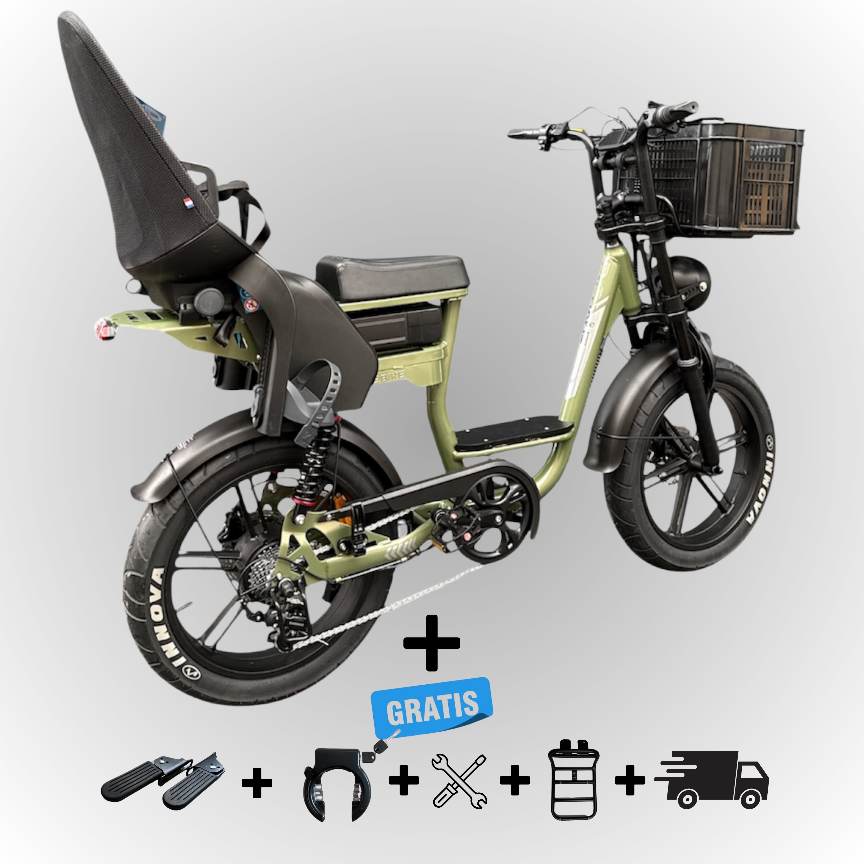 Elektrische fatbike 250W Dowe C28 met kinderzitje achter en voor-krat