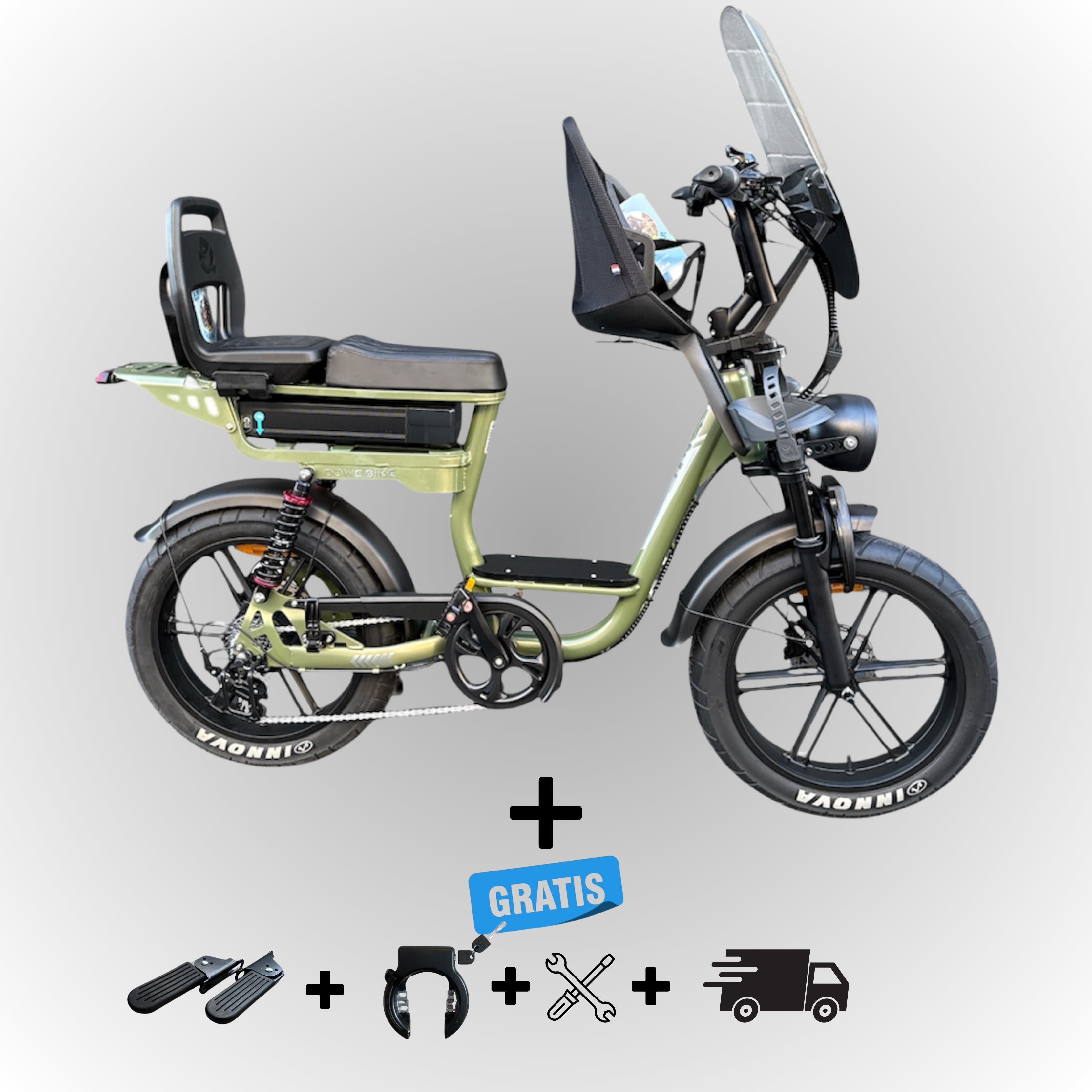 Dowe C28 Fatbike met Kinderzitje Voor (9+ maanden) & Achter (vanaf 6 jaar) – Veilig & In 3 Kleuren_Groen