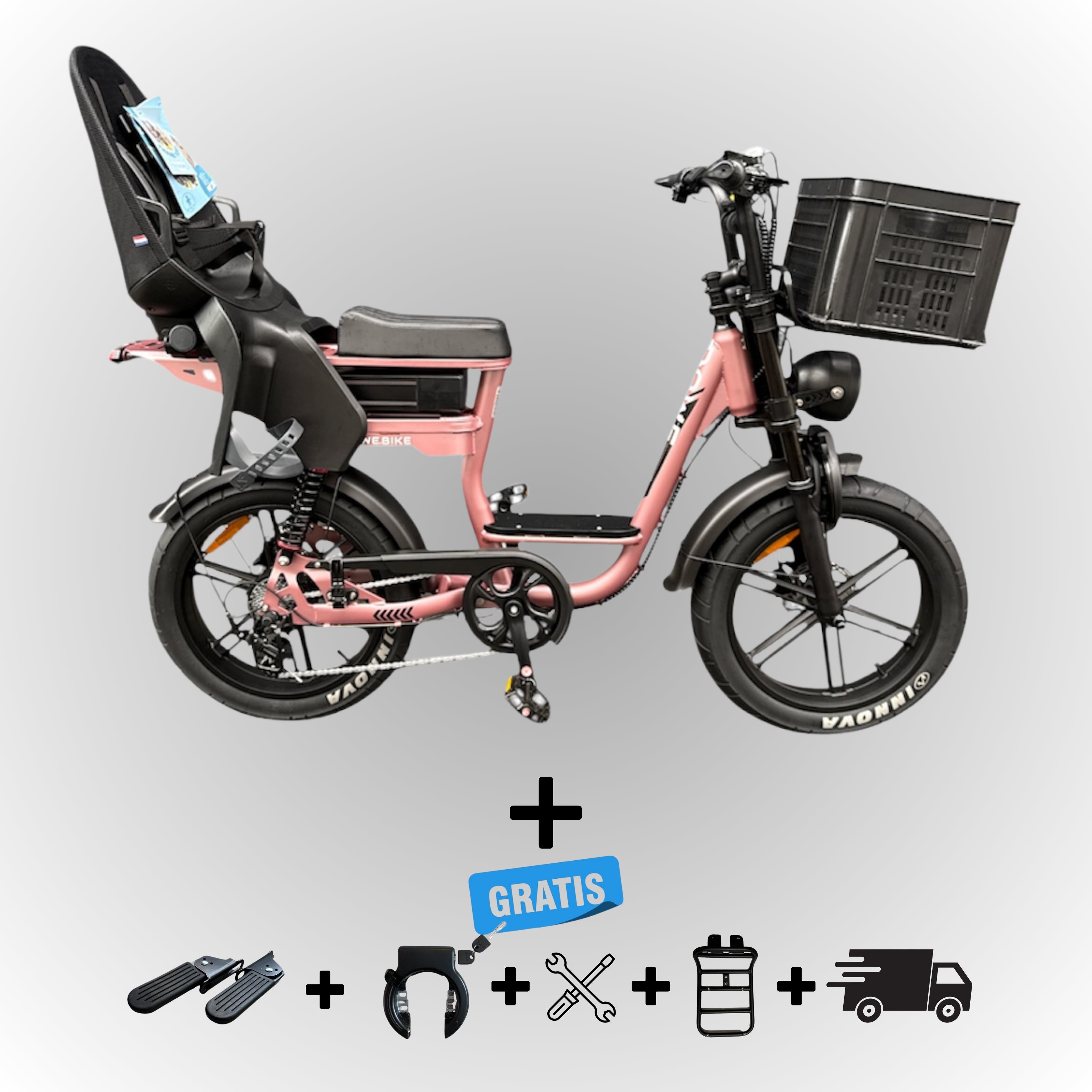 Dowe C28 Fatbike met Kinderzitje (4 jaar / 22 kg) & Voor-Krat – Krachtig, Veilig & Rijklaar