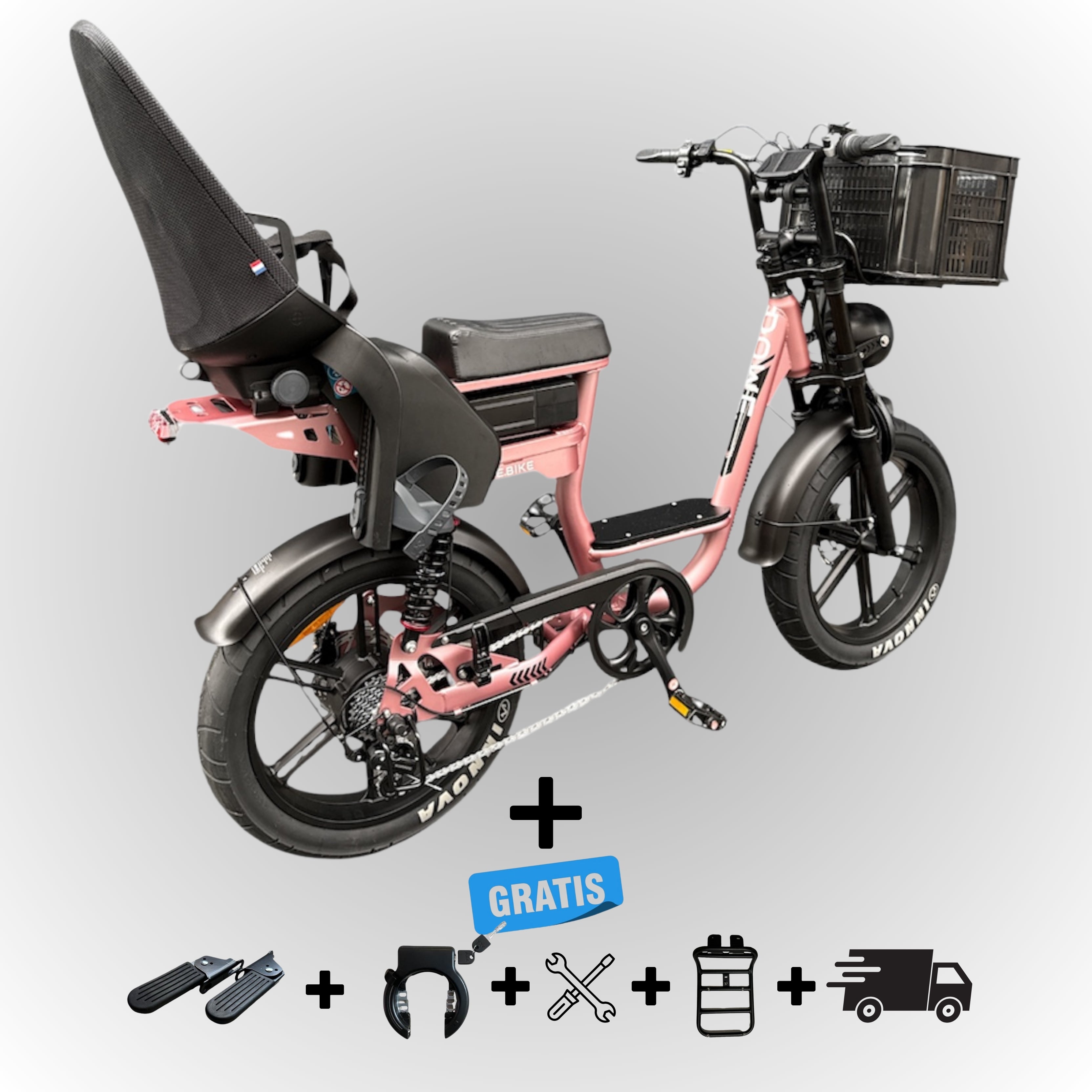 Elektrische fatbike 250W Dowe C28 met kinderzitje achter en voor-krat