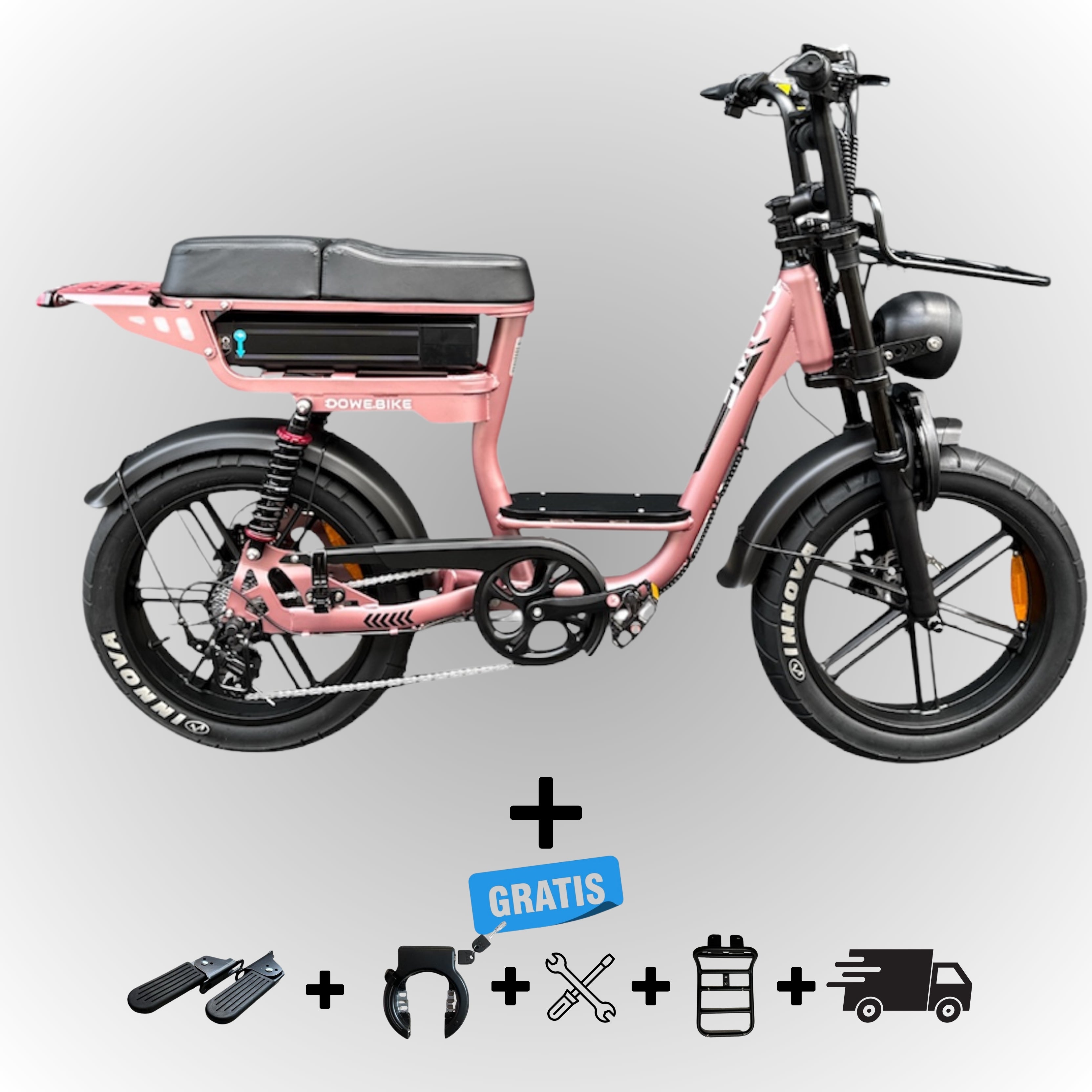 Dowe C28 Lage Instap Fatbike Rosé Goud – Comfortabel, Krachtig & Inclusief Gratis Accessoires
