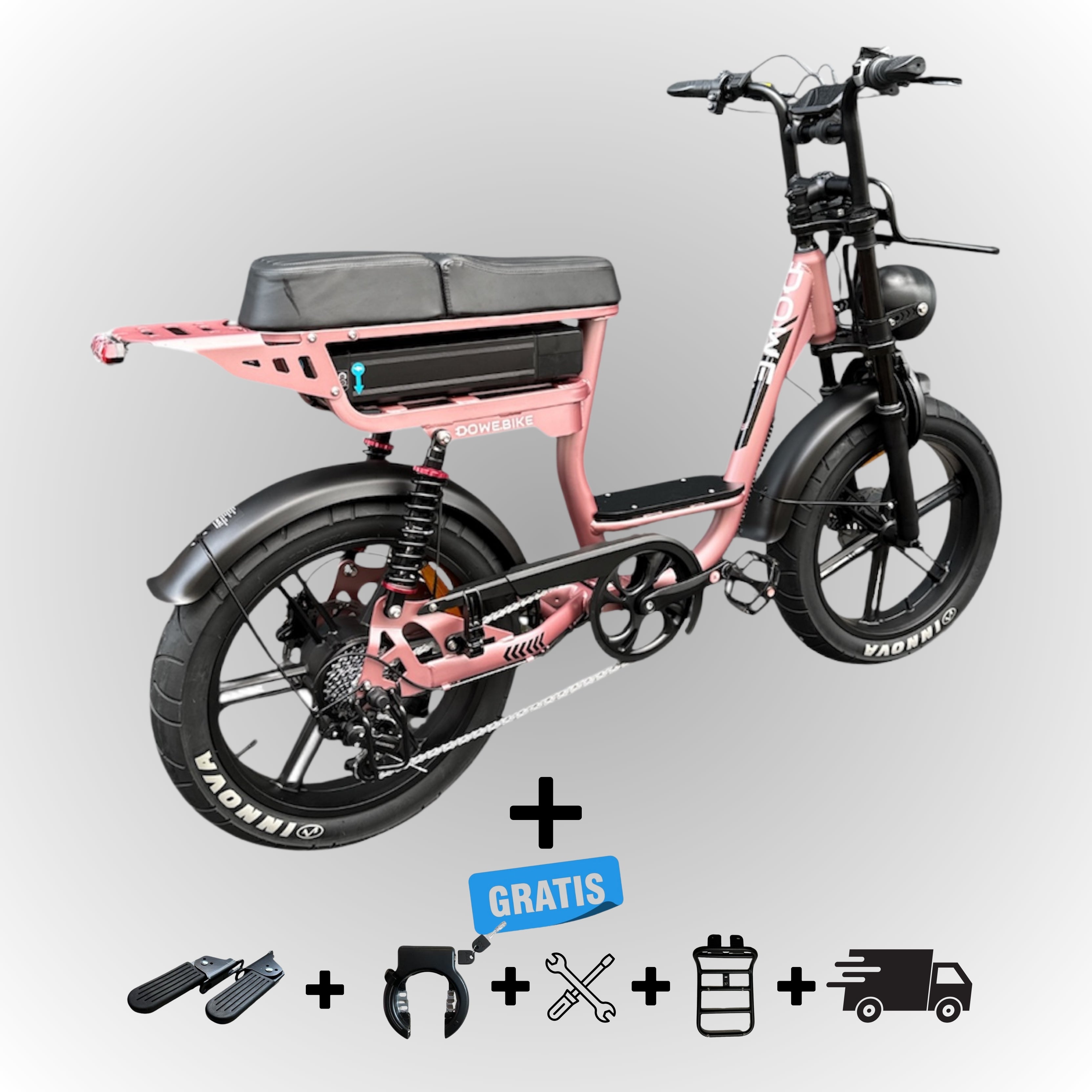 Dowe C28 Lage Instap Fatbike Rosé Goud – Comfortabel, Krachtig & Inclusief Gratis Accessoires