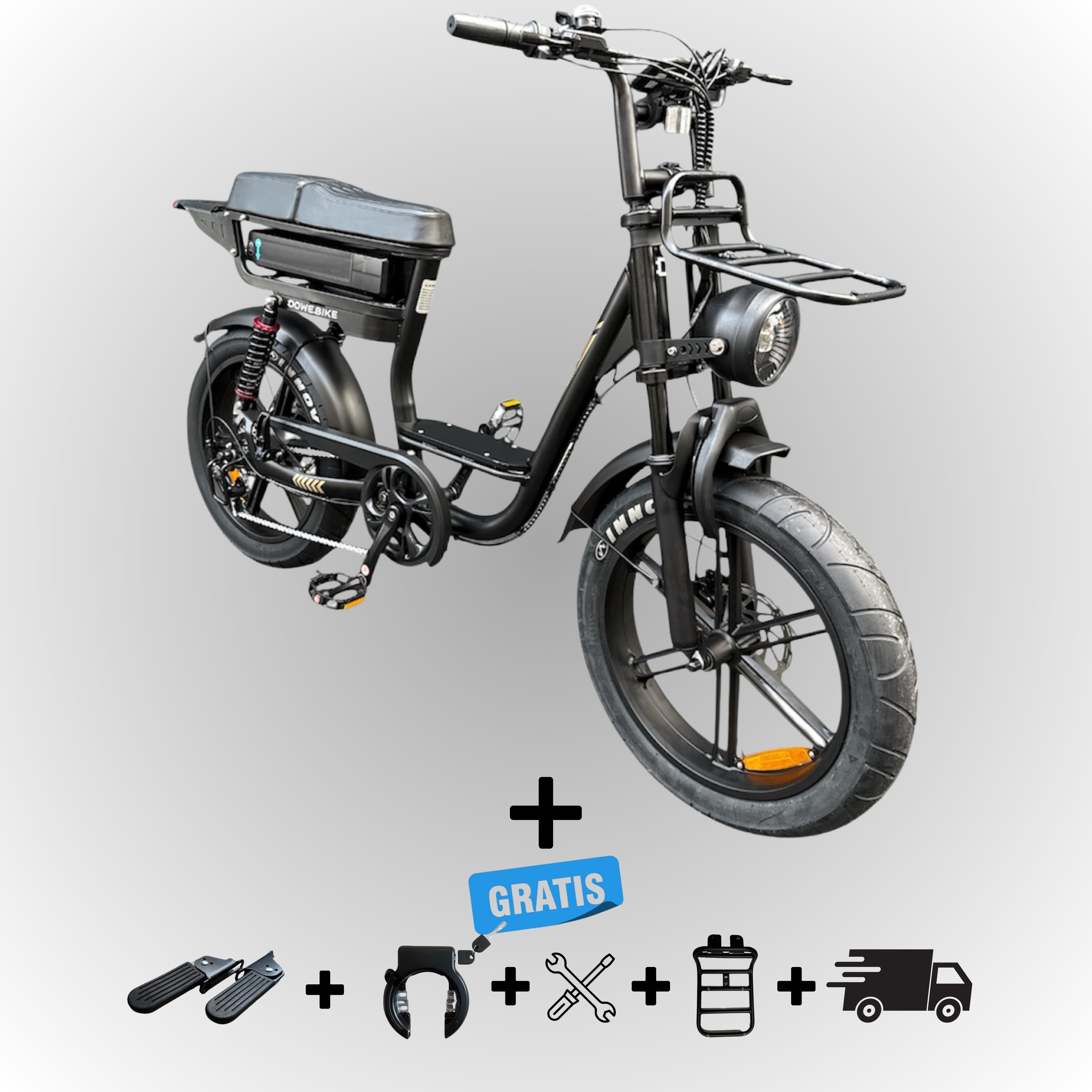 Dowe C28 Lage Instap Fatbike Zwart – Comfortabel, Krachtig & Inclusief Gratis Accessoires