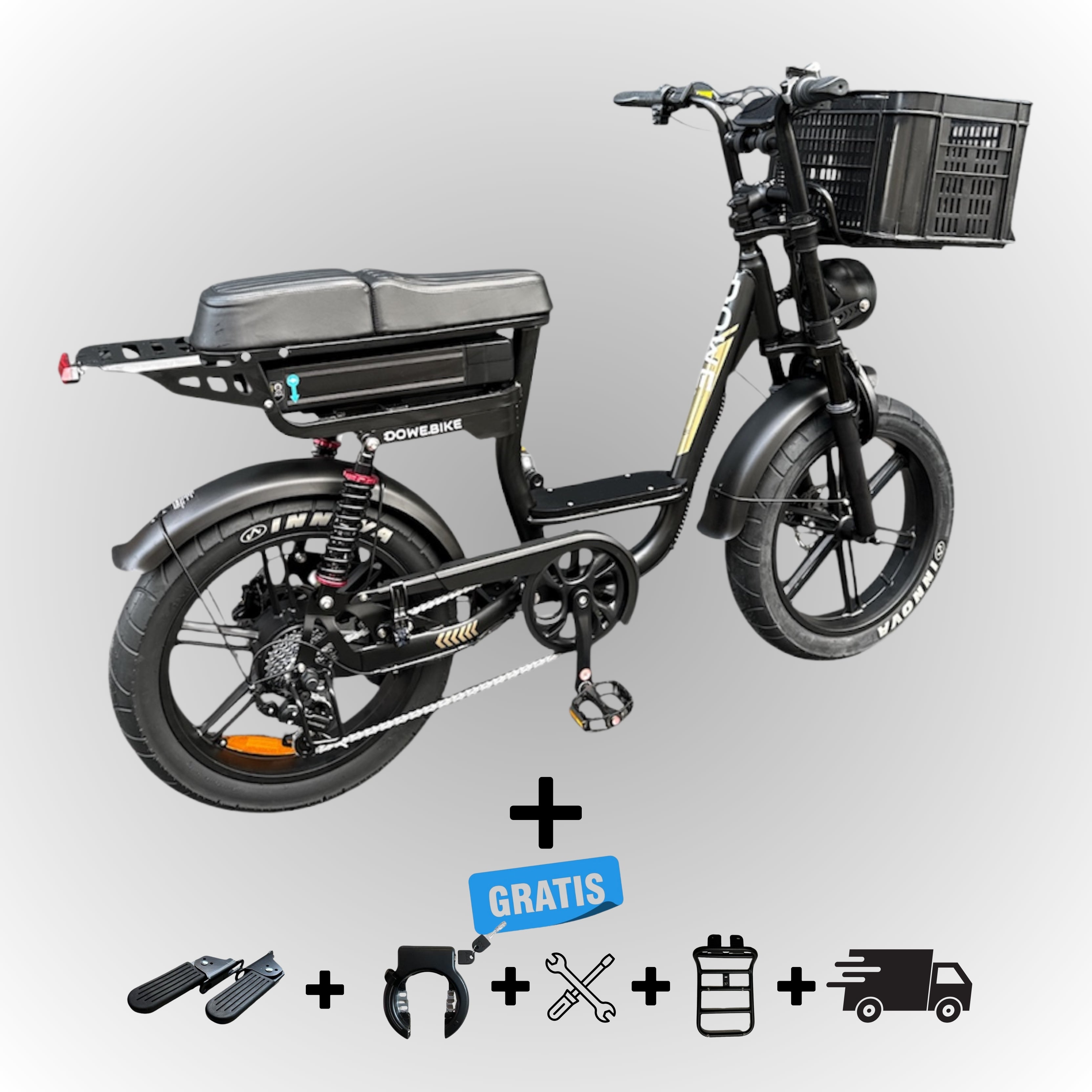 Dowe C28 Lage Instap Fatbike Zwart – Comfortabel, Krachtig & Inclusief Gratis Accessoires - met krat