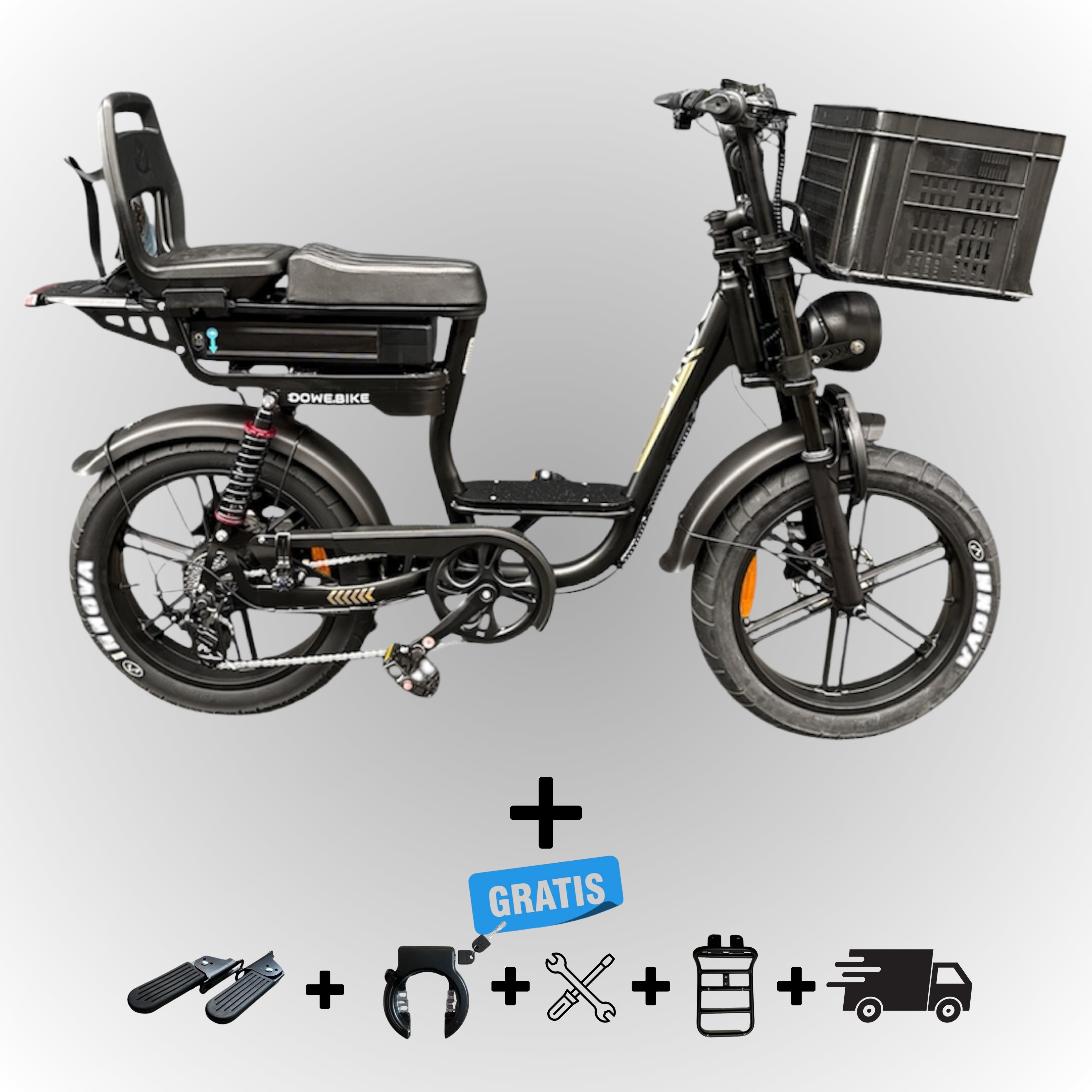 Dowe C28 Fatbike met Kinderzitje Achter (vanaf 6 jaar) & Voor-Krat – Krachtig, Veilig & In 3 Kleuren