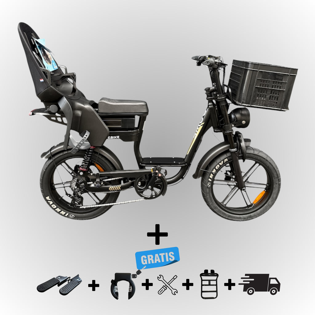 Dowe C28 Fatbike Zwart met Kinderzitje (4 jaar / 22 kg) & Voor-Krat – Krachtig, Veilig & Rijklaar