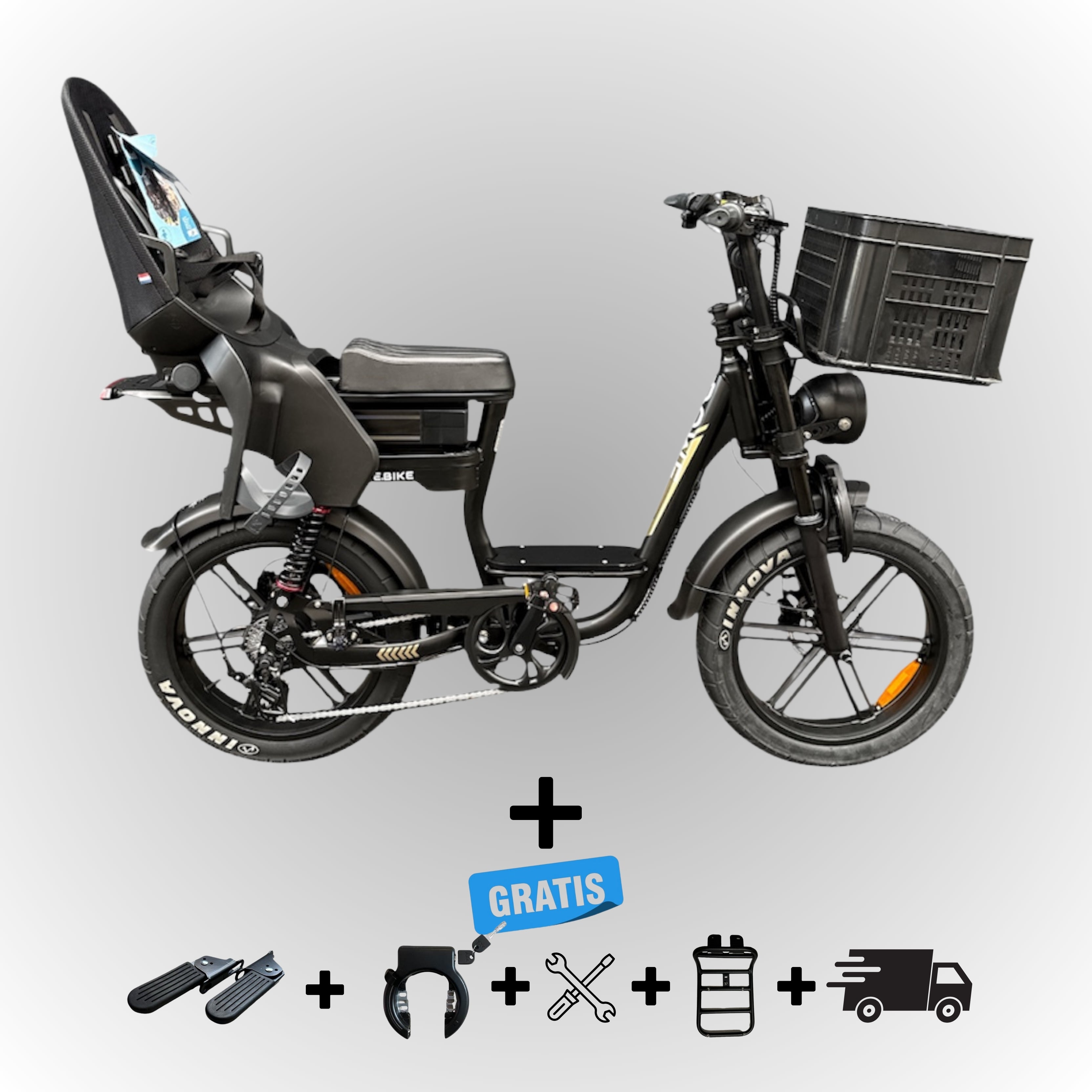 Dowe C28 Fatbike Zwart met Kinderzitje (4 jaar / 22 kg) & Voor-Krat – Krachtig, Veilig & Rijklaar