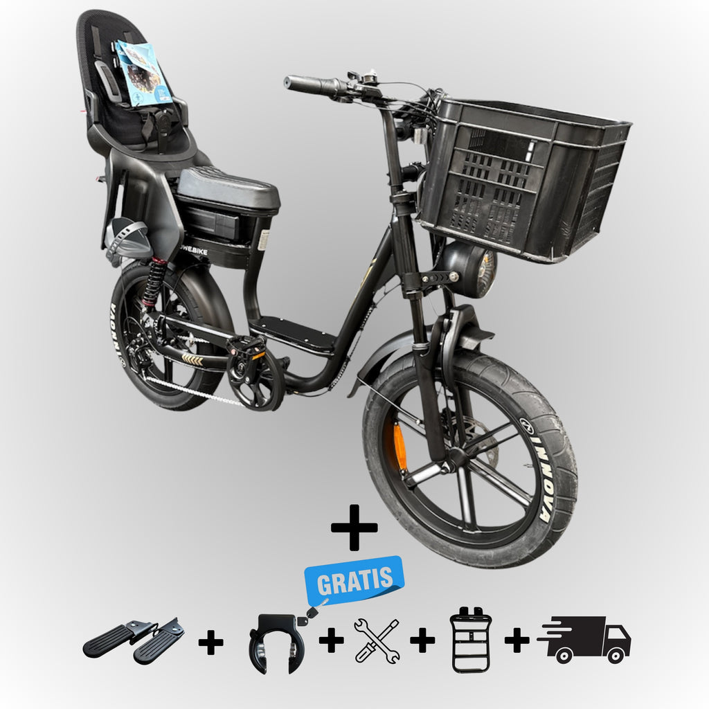 Dowe C28 Fatbike Zwart met Kinderzitje (4 jaar / 22 kg) & Voor-Krat – Krachtig, Veilig & Rijklaar