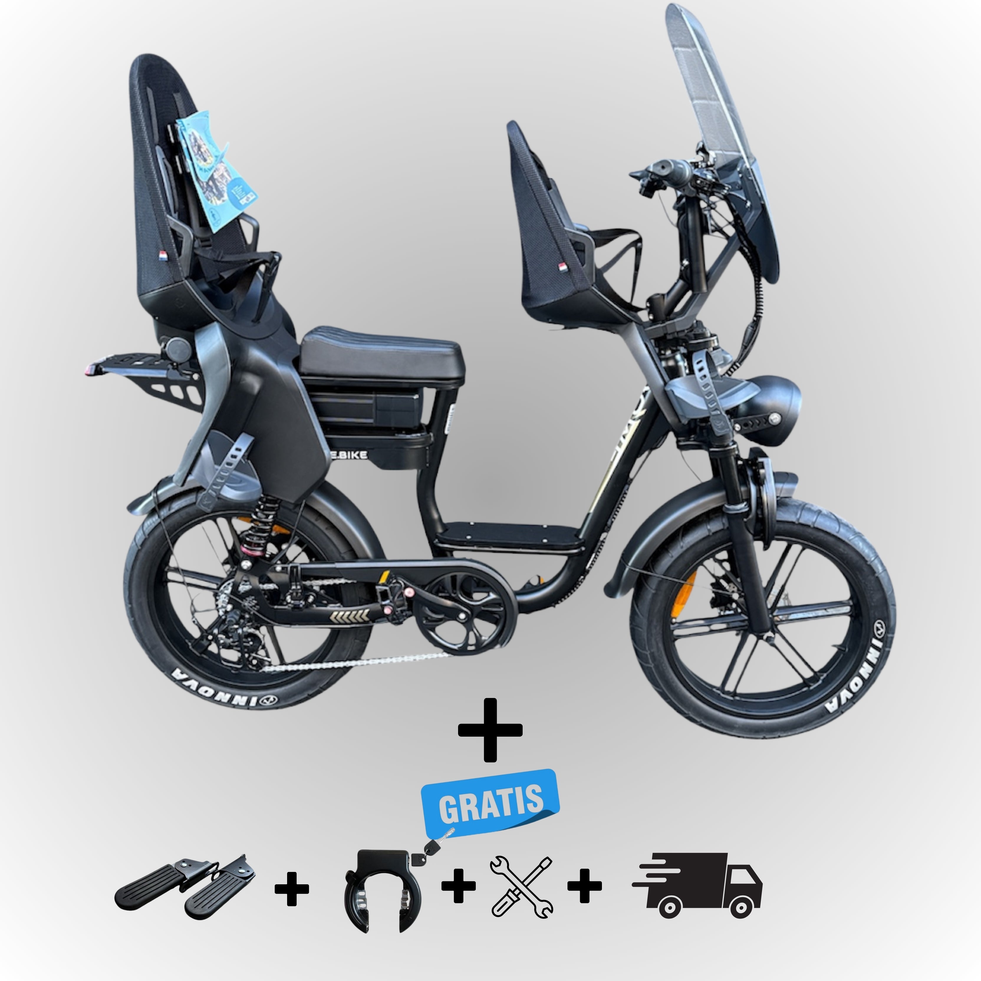 Elektrische fatbike 250W Dowe C28 met kinderzitje voor en achter