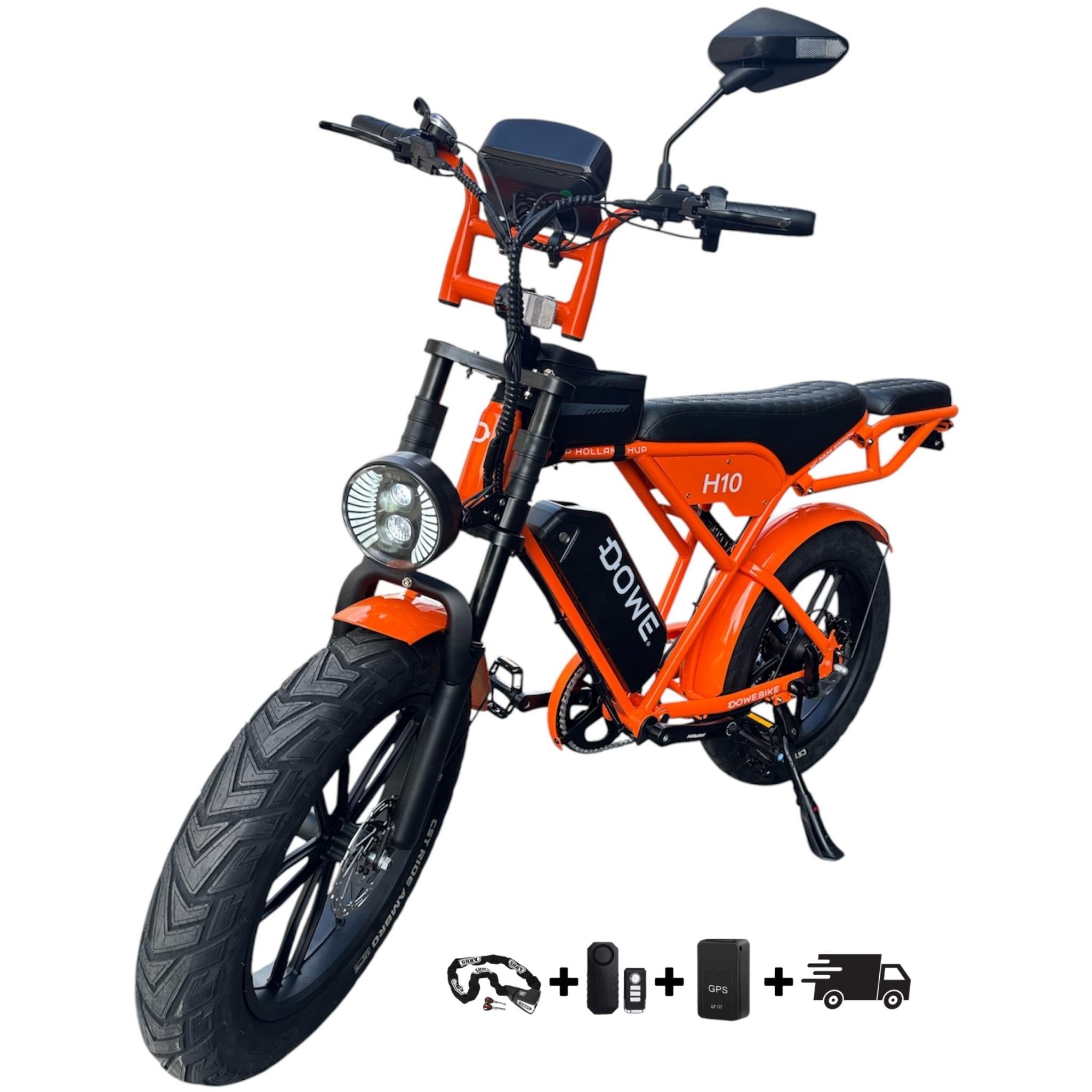 Dowe H10 Oranje vooraanzicht – opvallende kleur met Ultra Display en GPS alarmsysteem inbegrepen