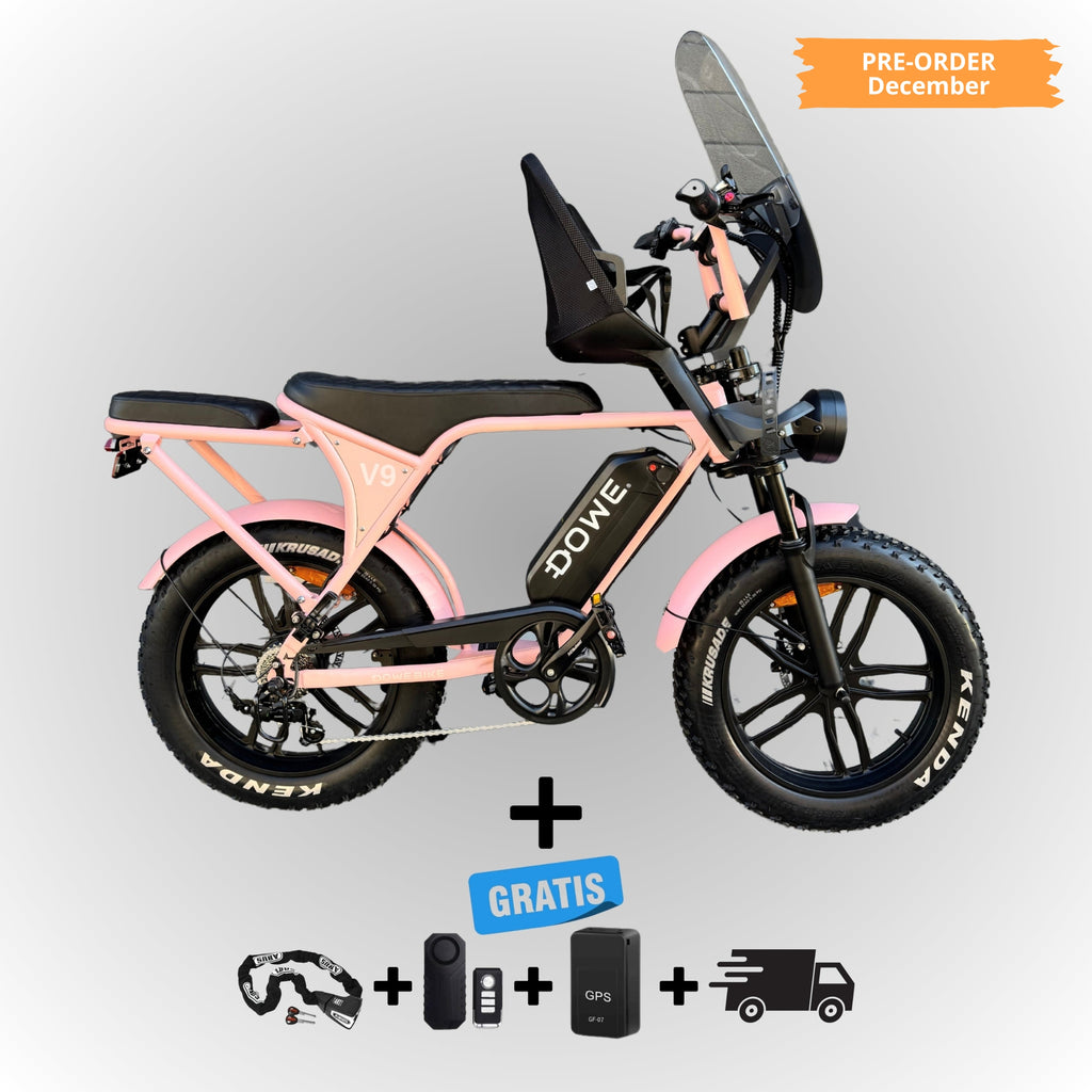 Dowe V9 Elektrische Fatbike met Kinderzitje Voor - Roze