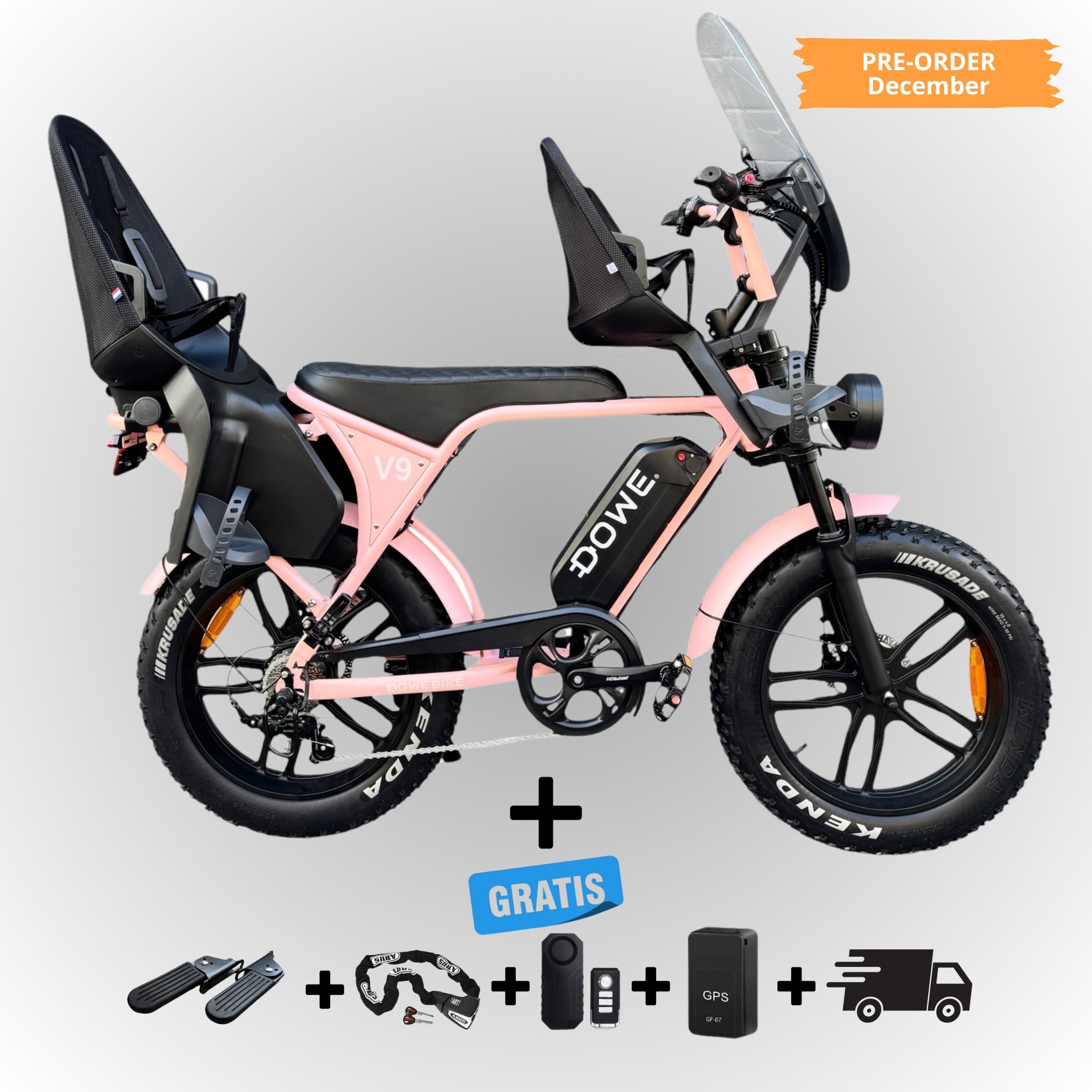 Dowe V9 Elektrische Fatbike met Kinderzitjes - Roze | Family Fatbike