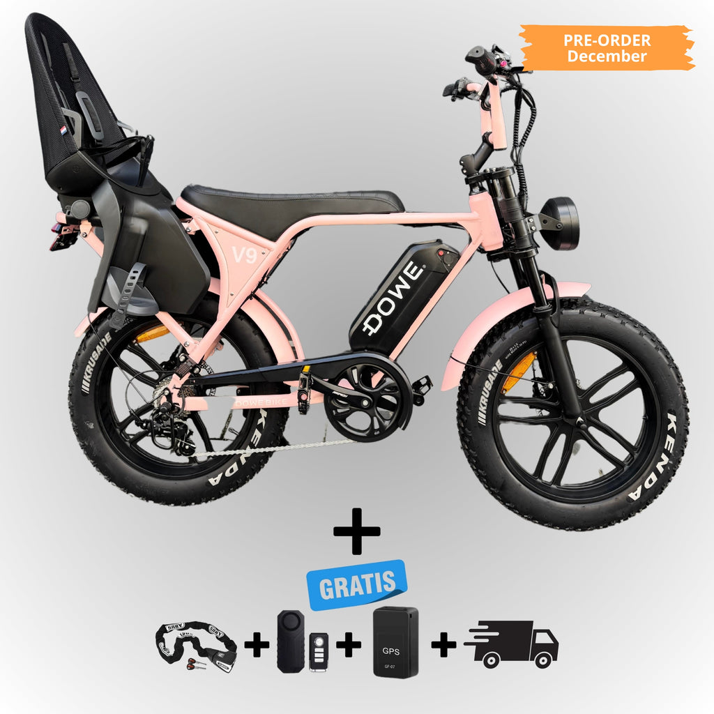 Dowe V9 Elektrische Fatbike met Kinderzitje Achter - Roze | Family Fatbike