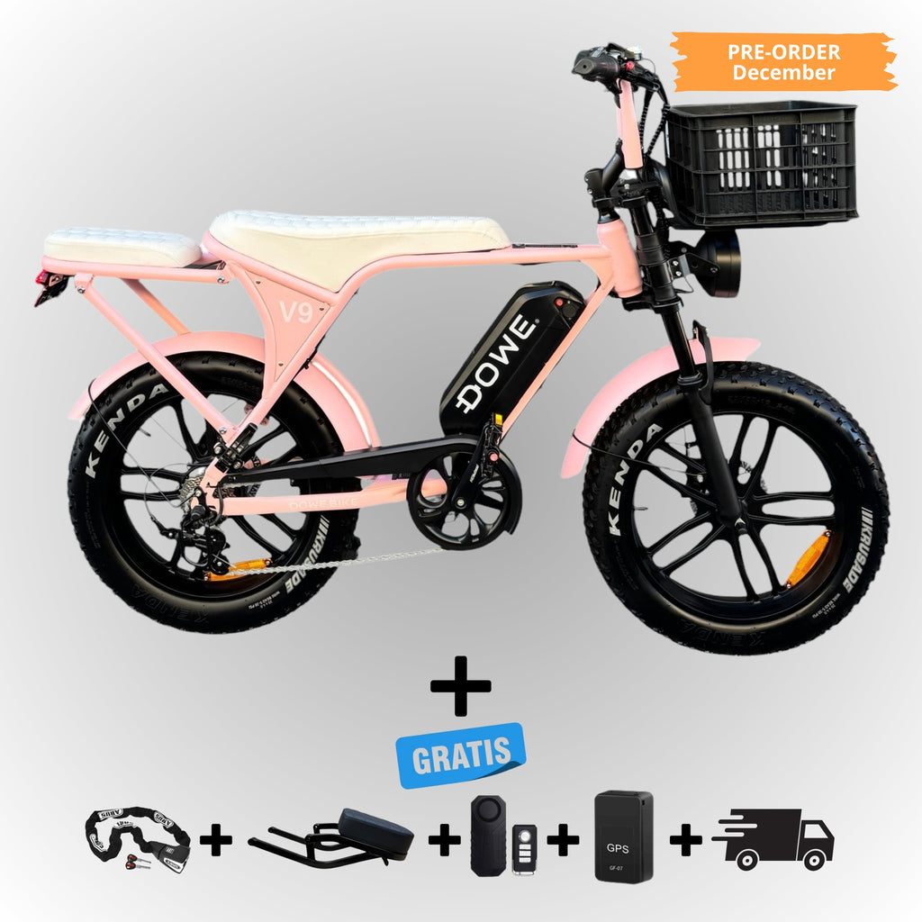 Dowe V9 Elektrische Fatbike met Krat - Roze | ZWART ZADEL 