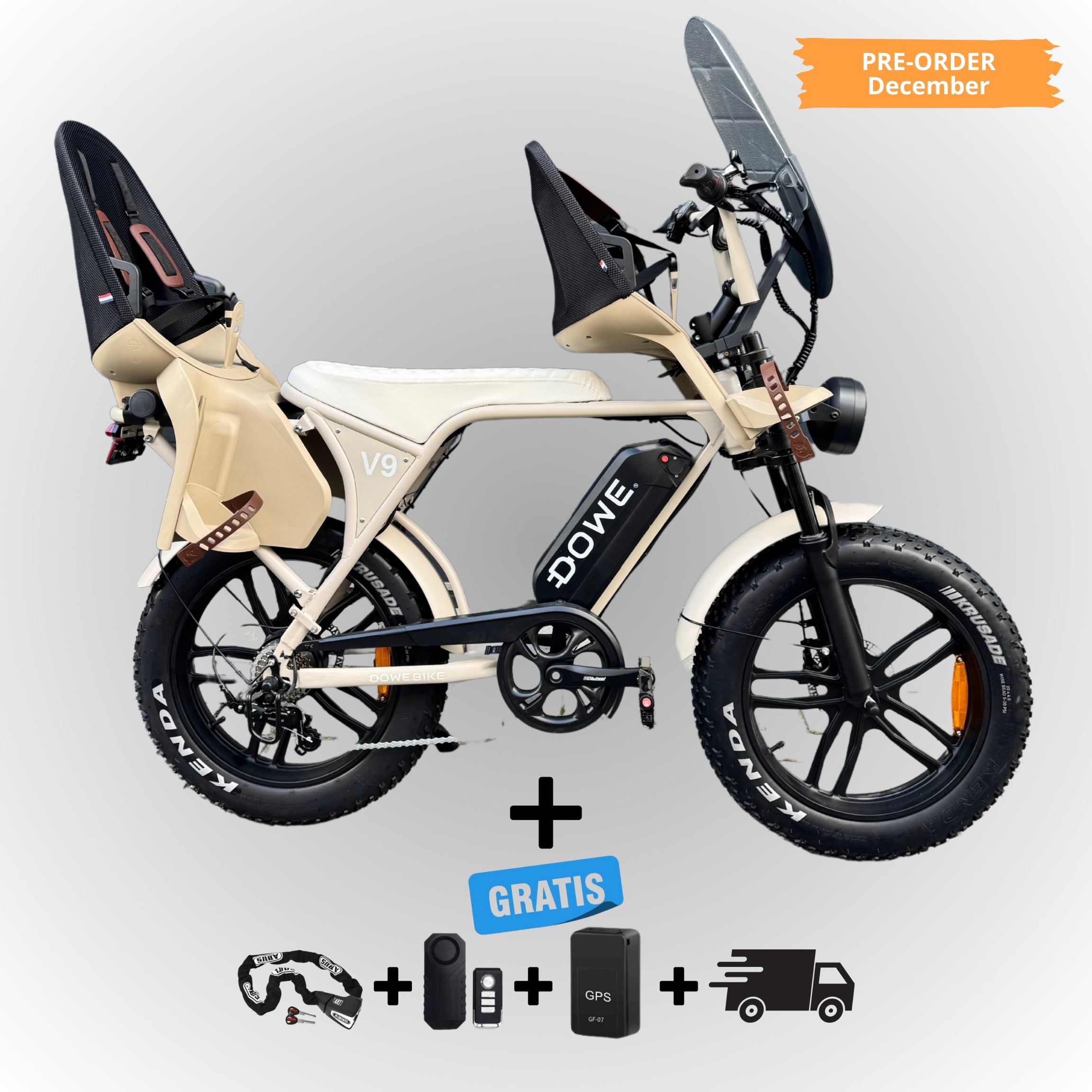 Dowe V9 Elektrische Fatbike met Kinderzitjes - Zand | Family Fatbike