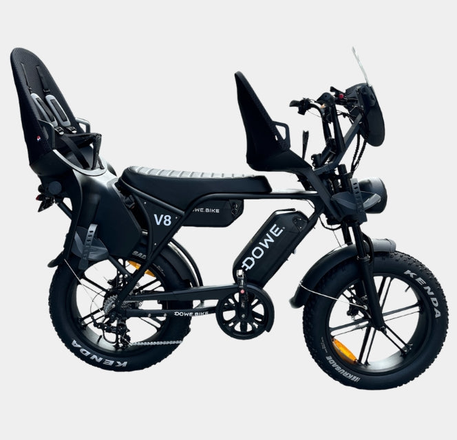 Dowe V8 Max Fatbike met Kinderzitjes - Zwart - Fatbike met Dubbele Accu