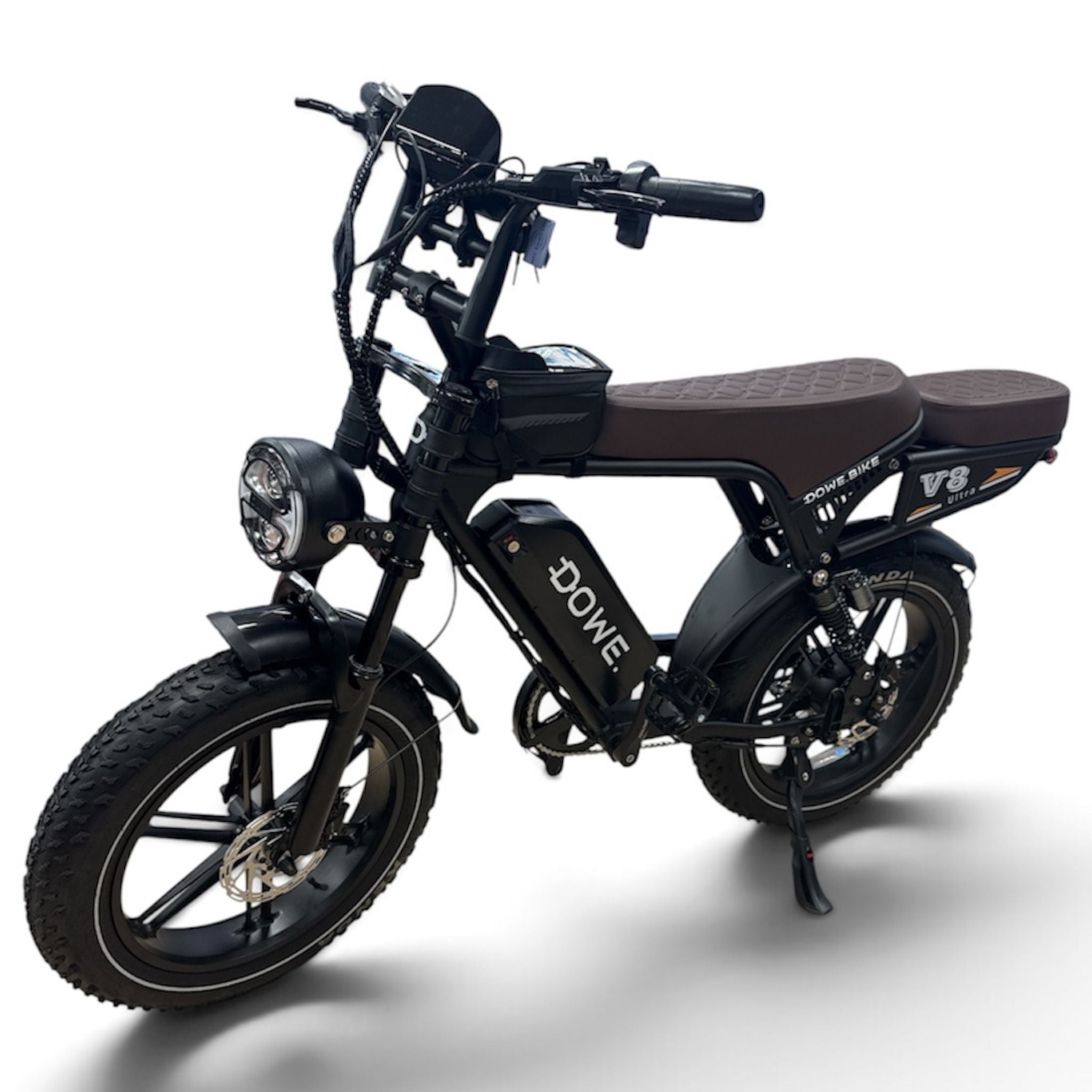 DOWE V8 Ultra elektrische fatbike met bruin zadel – detailfoto