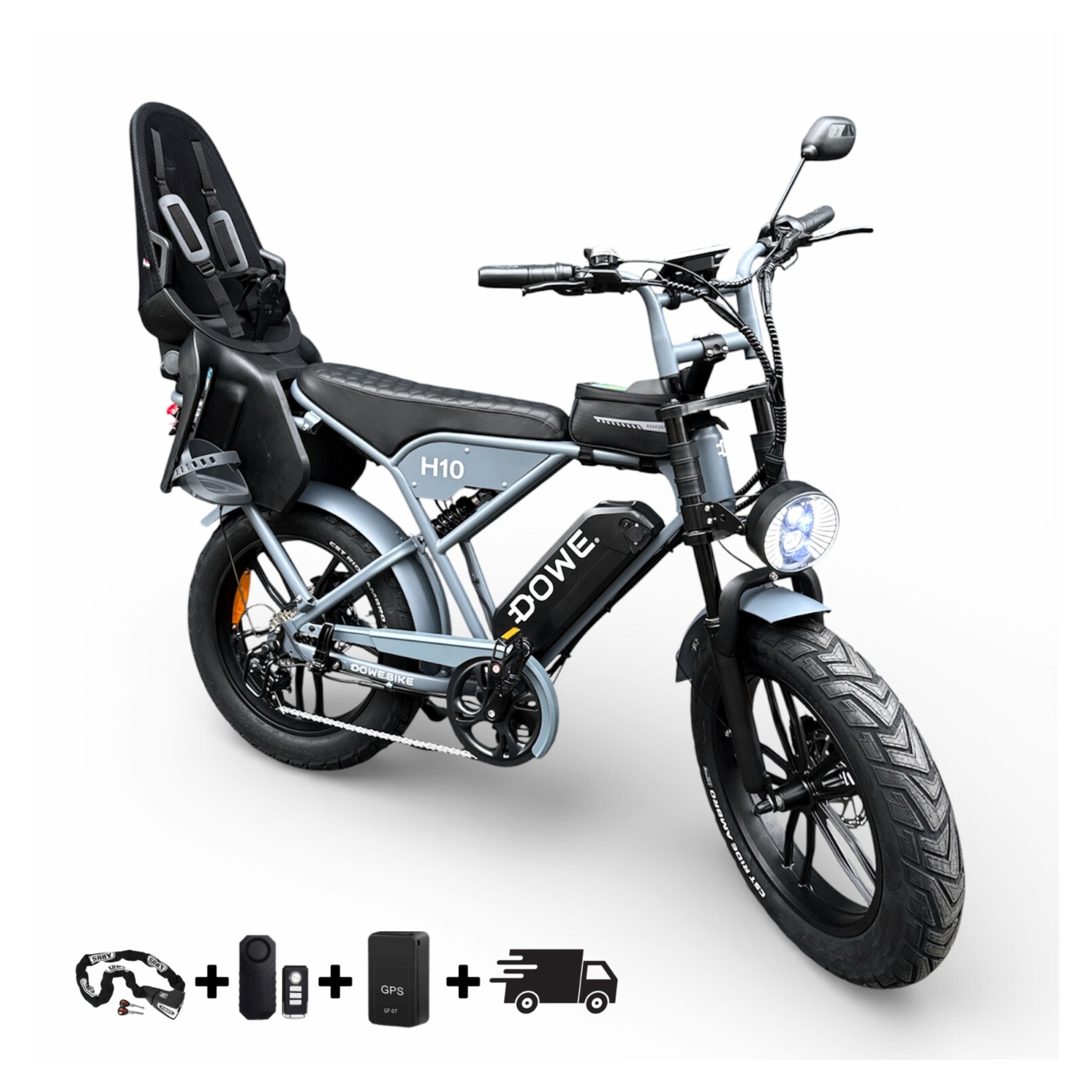 Elektrische Fatbike met Kinderzitje Achter tot 22kg- Dowe H10 Grijs | Family Fatbike