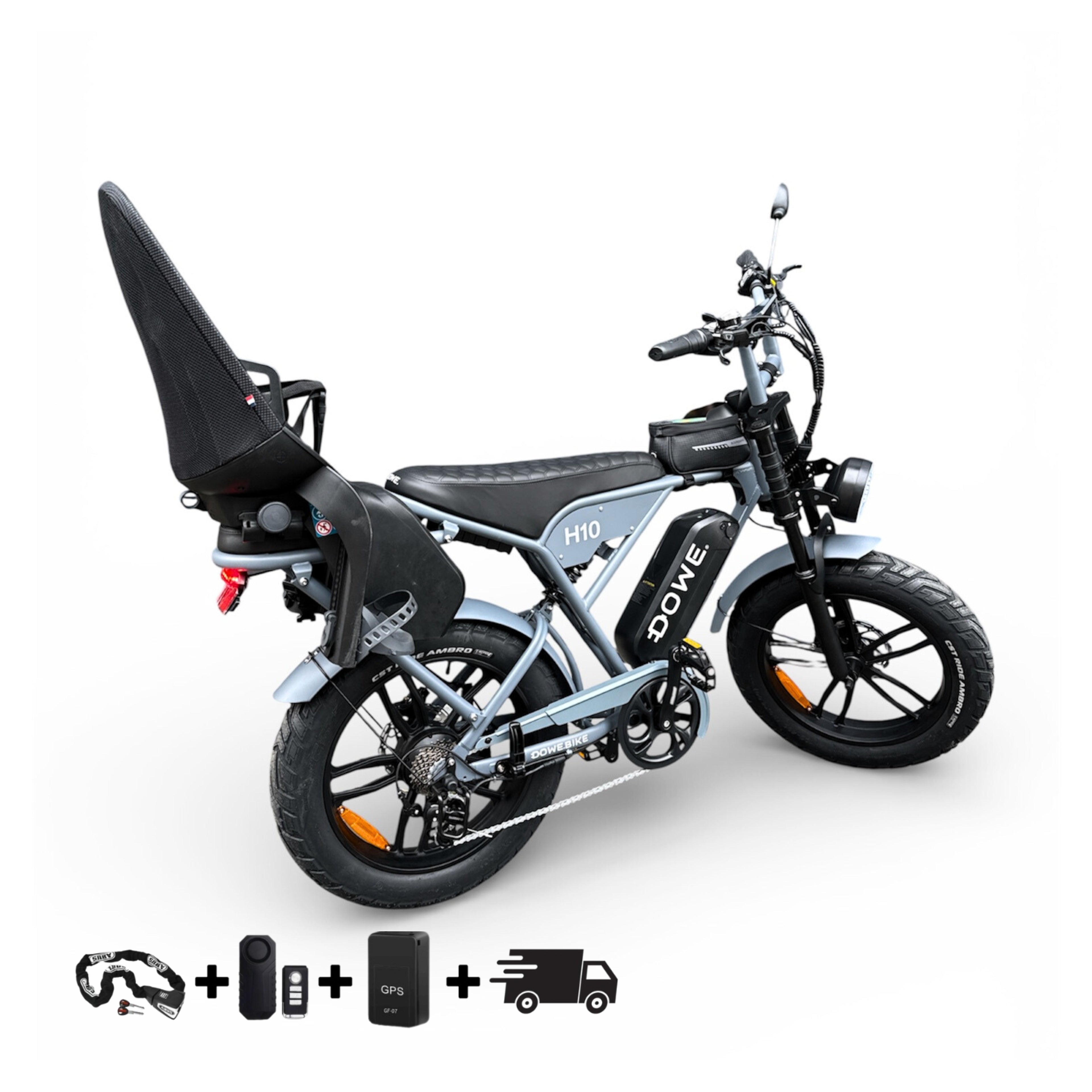 Elektrische Fatbike met Kinderzitje Achter tot 22kg- Dowe H10 Grijs | Family Fatbike