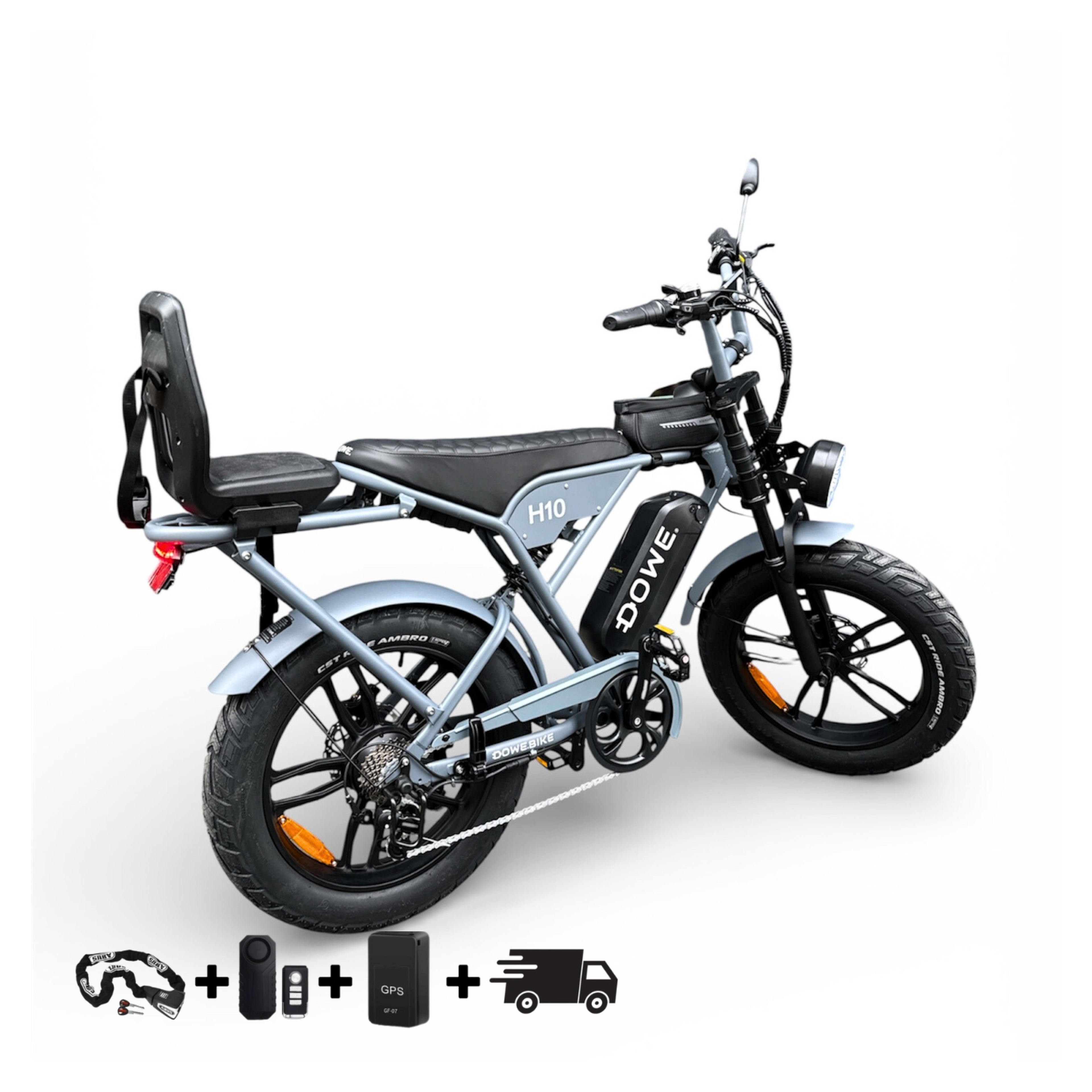 Elektrische Fatbike met Kinderzitje Achter tot 35kg | Junior 6+ | Dowe H10 Grijs Family Fatbike