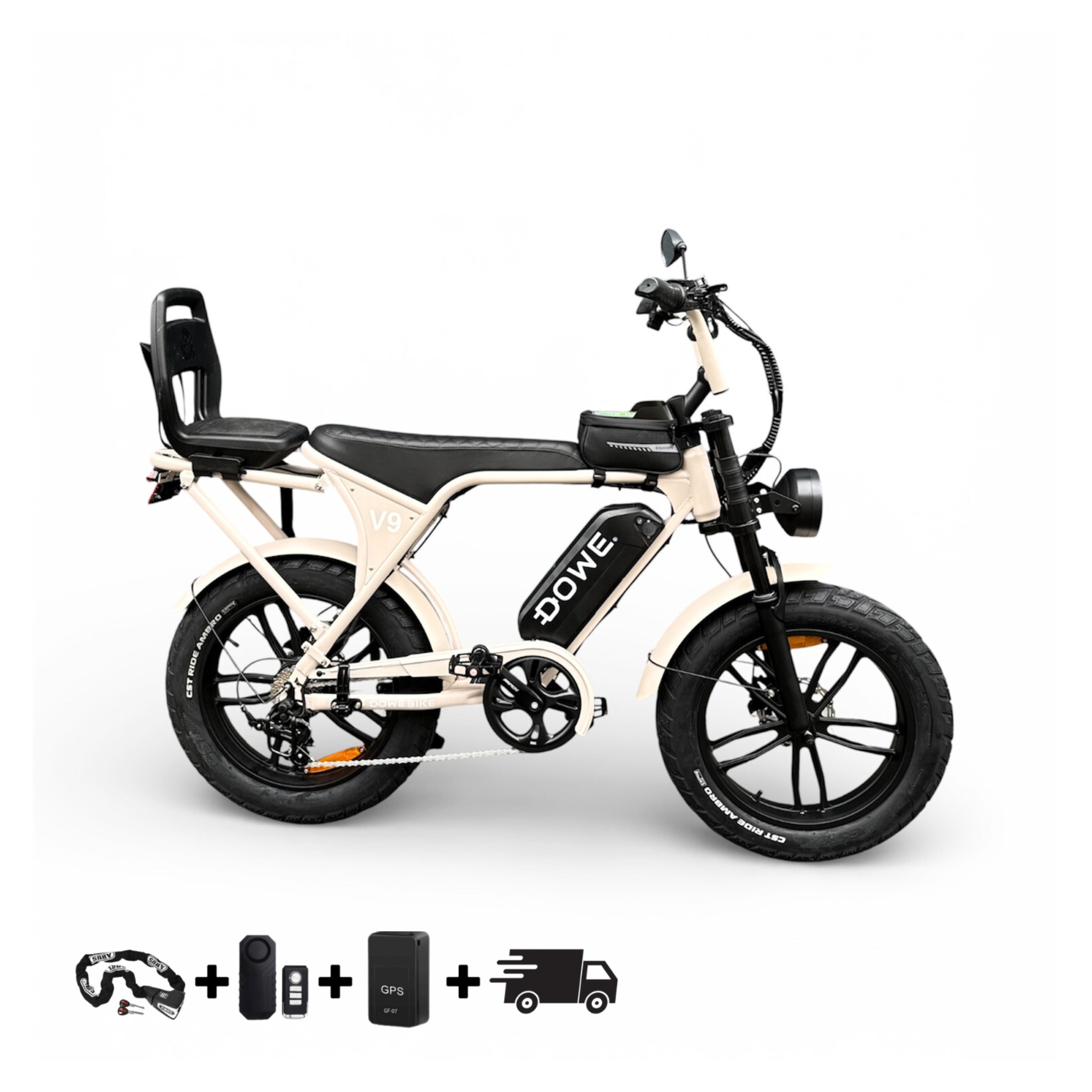 Dowe V9 Elektrische Fatbike met Kinderzitje | Junior 6+ | Beige Fatbike | Veilig & Krachtig