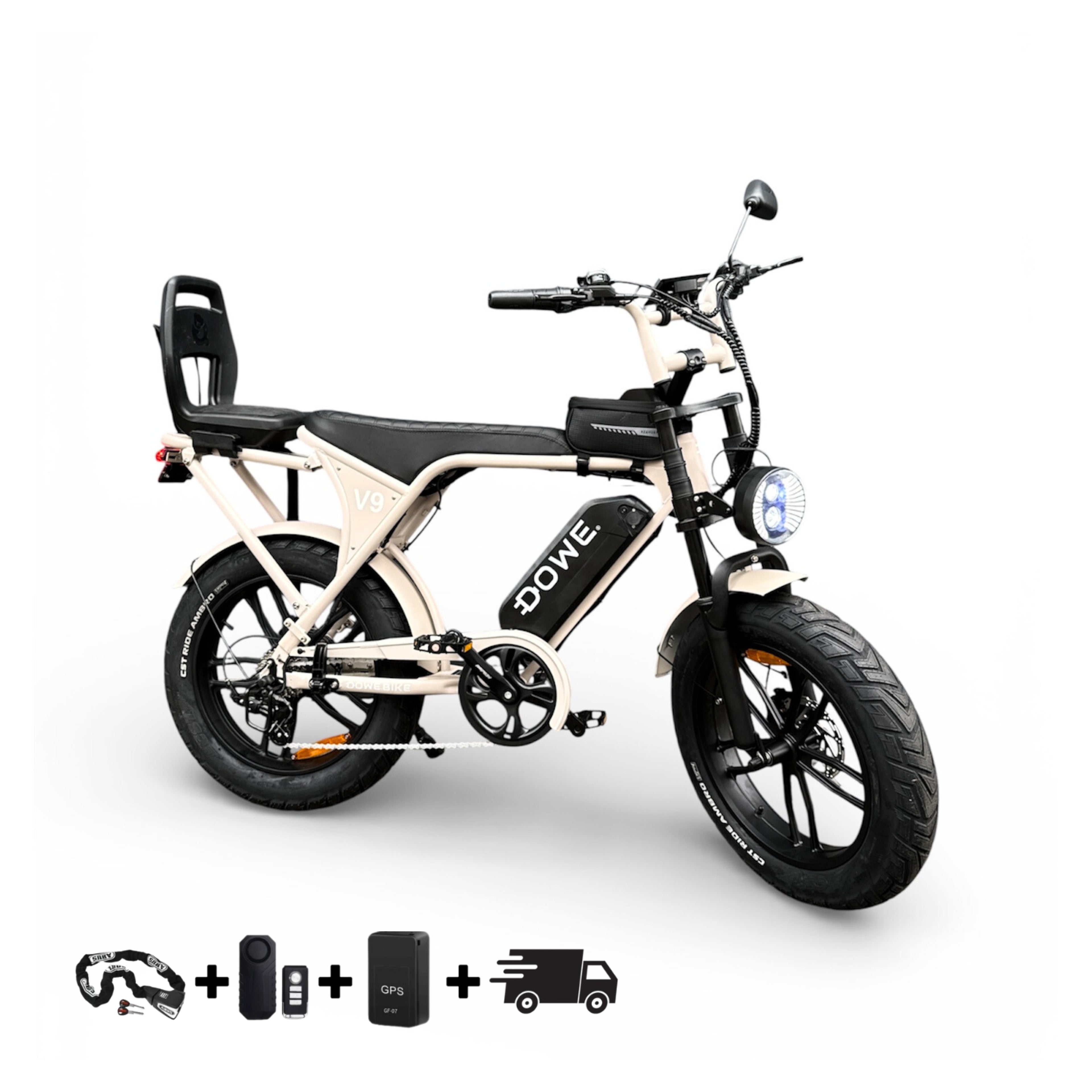Dowe V9 Elektrische Fatbike met Kinderzitje | Junior 6+ | Beige Fatbike | Veilig & Krachtig