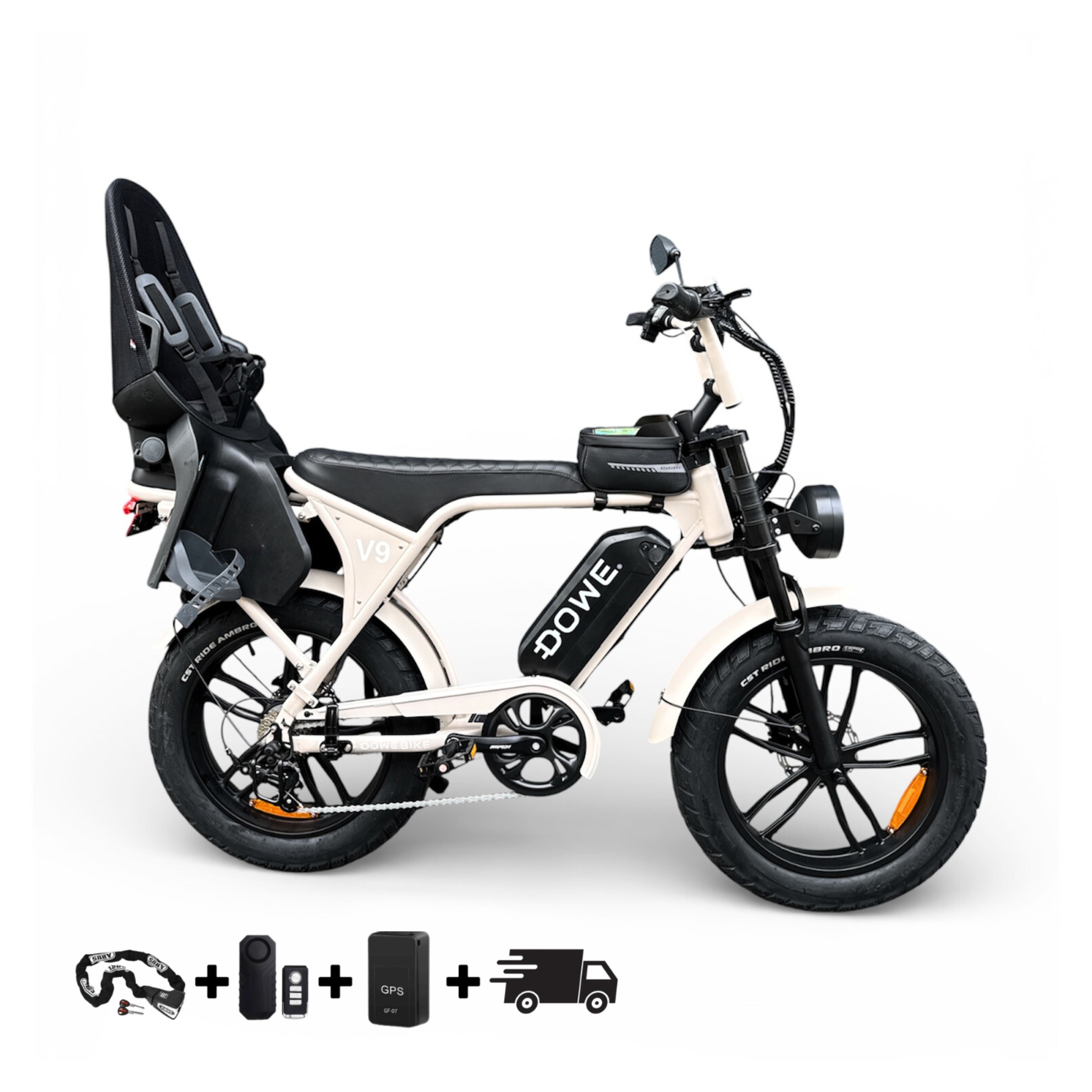 Dowe V9 Elektrische Fatbike met Kinderzitje Achter | Beige Fatbike |  Family Fatbike (tot 6 jaar / 22 kg)