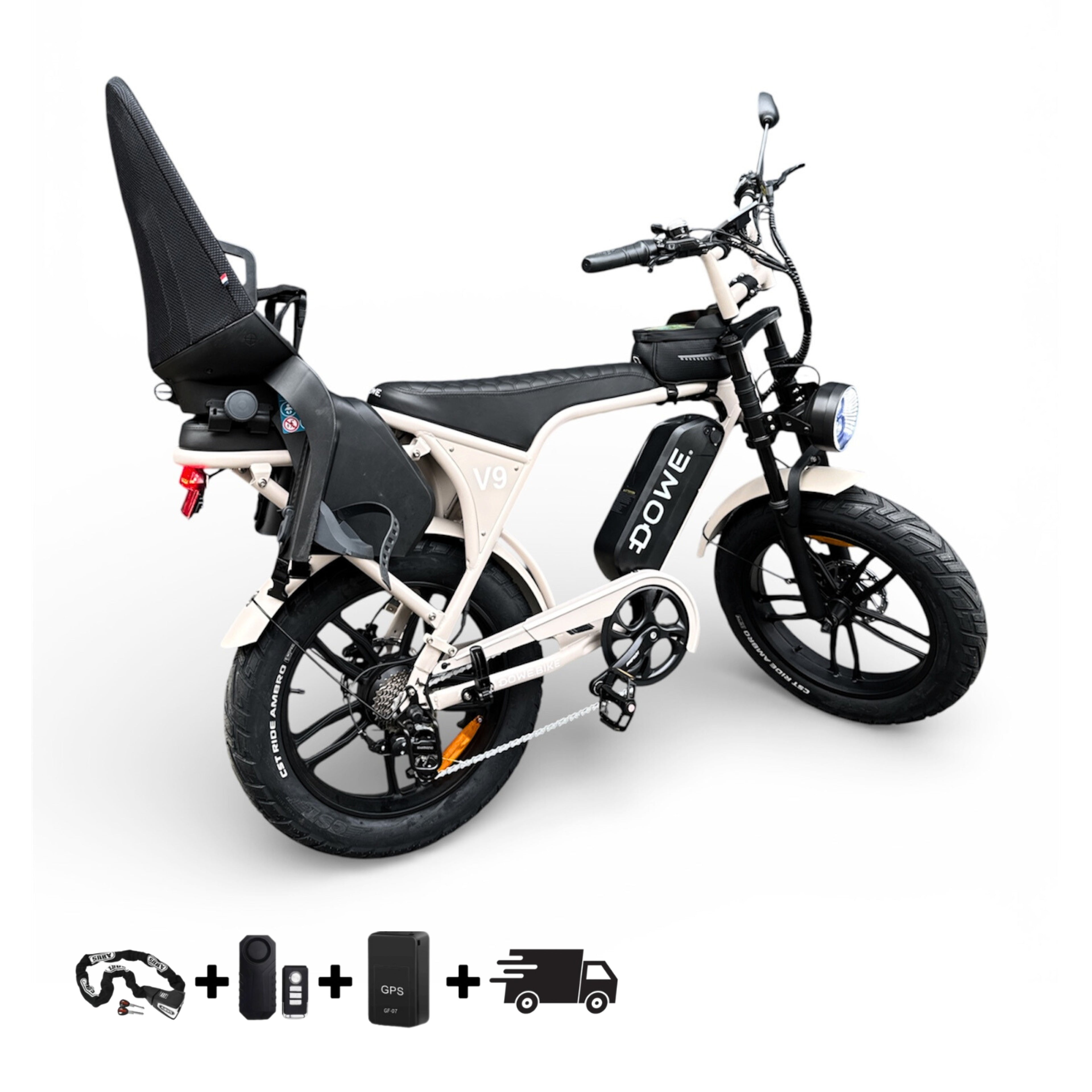Dowe V9 Elektrische Fatbike met Kinderzitje Achter | Beige Fatbike |  Family Fatbike (tot 6 jaar / 22 kg)