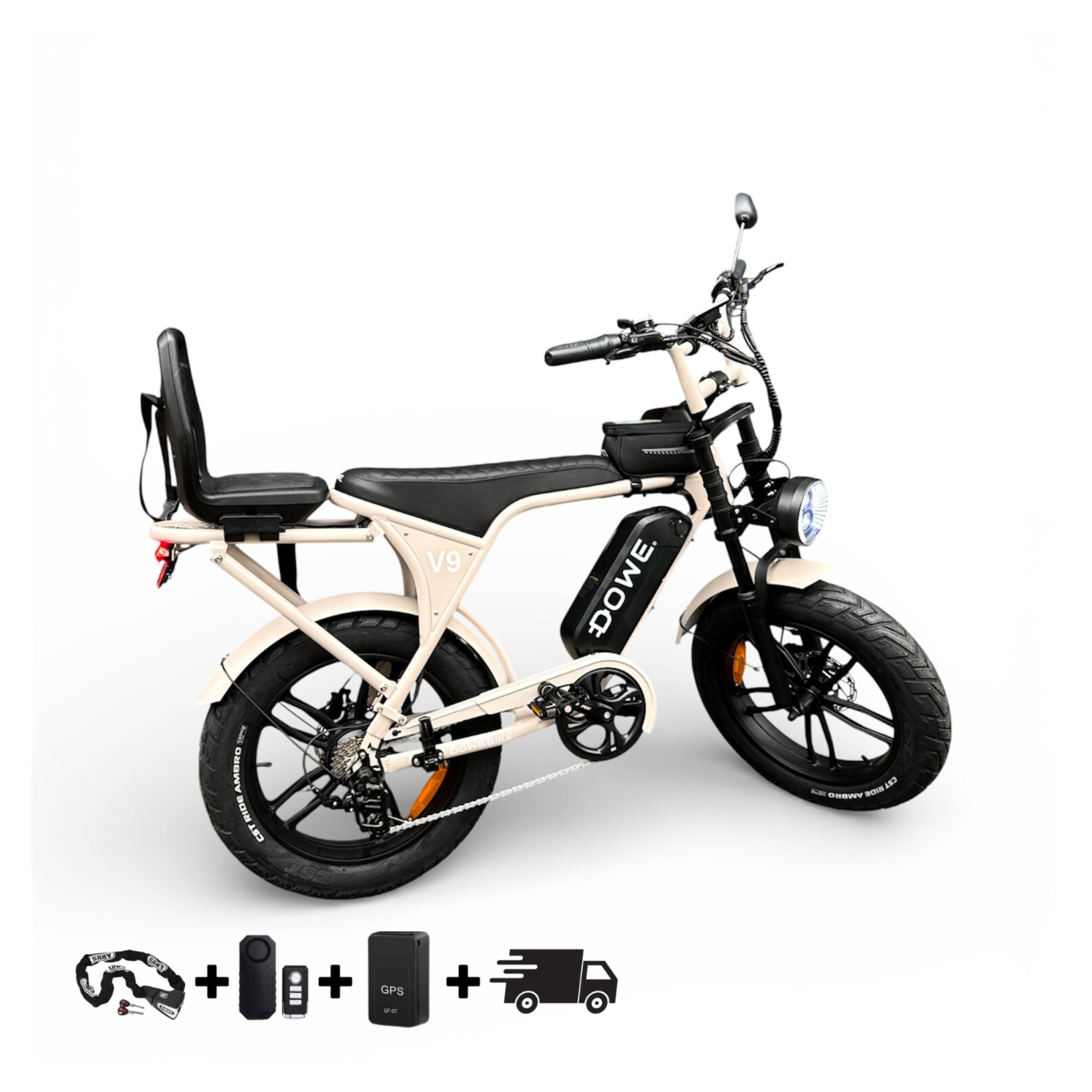 Dowe V9 Elektrische Fatbike met Kinderzitje | Junior 6+ | Beige Fatbike | Veilig & Krachtig