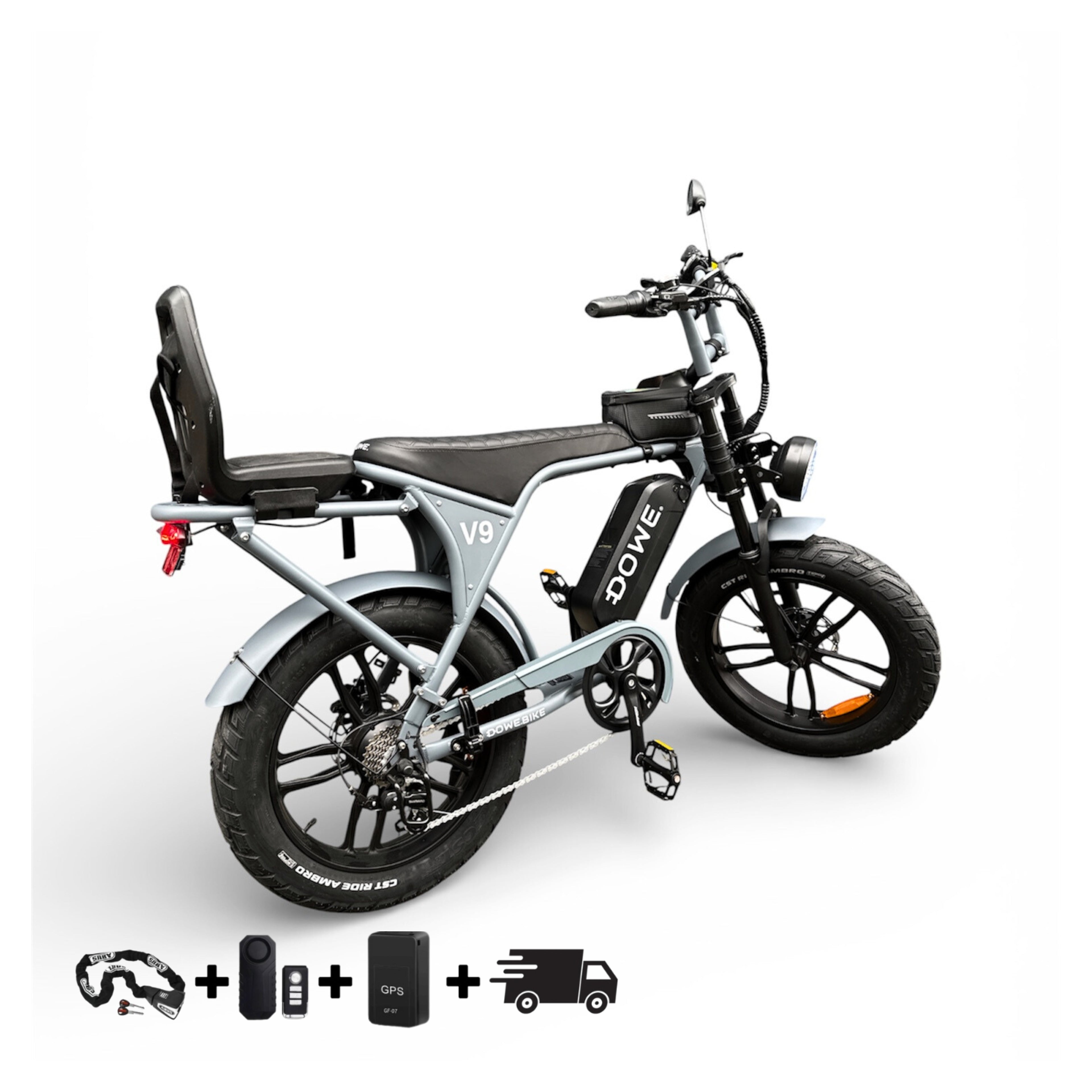 Dowe V9 Elektrische Fatbike met Kinderzitje | Junior 6+ | V9 Fatbike Grijs | Veilig & Krachtig