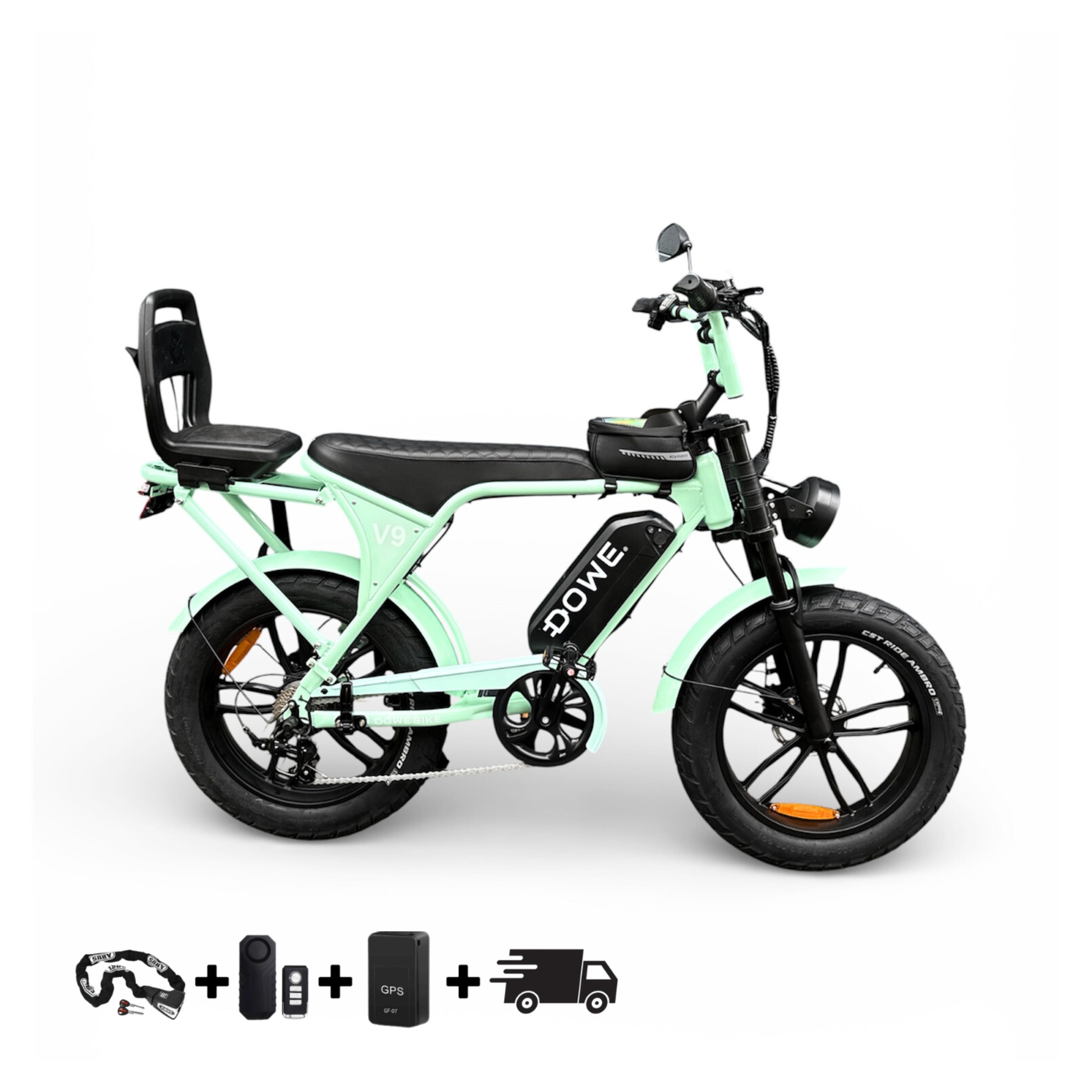 Elektrische Fatbike 250W met Kinderzite | Dowe V9 Mint Groen | Junior 6+ |  17.5Ah Accu | Luxe Uitvoering
