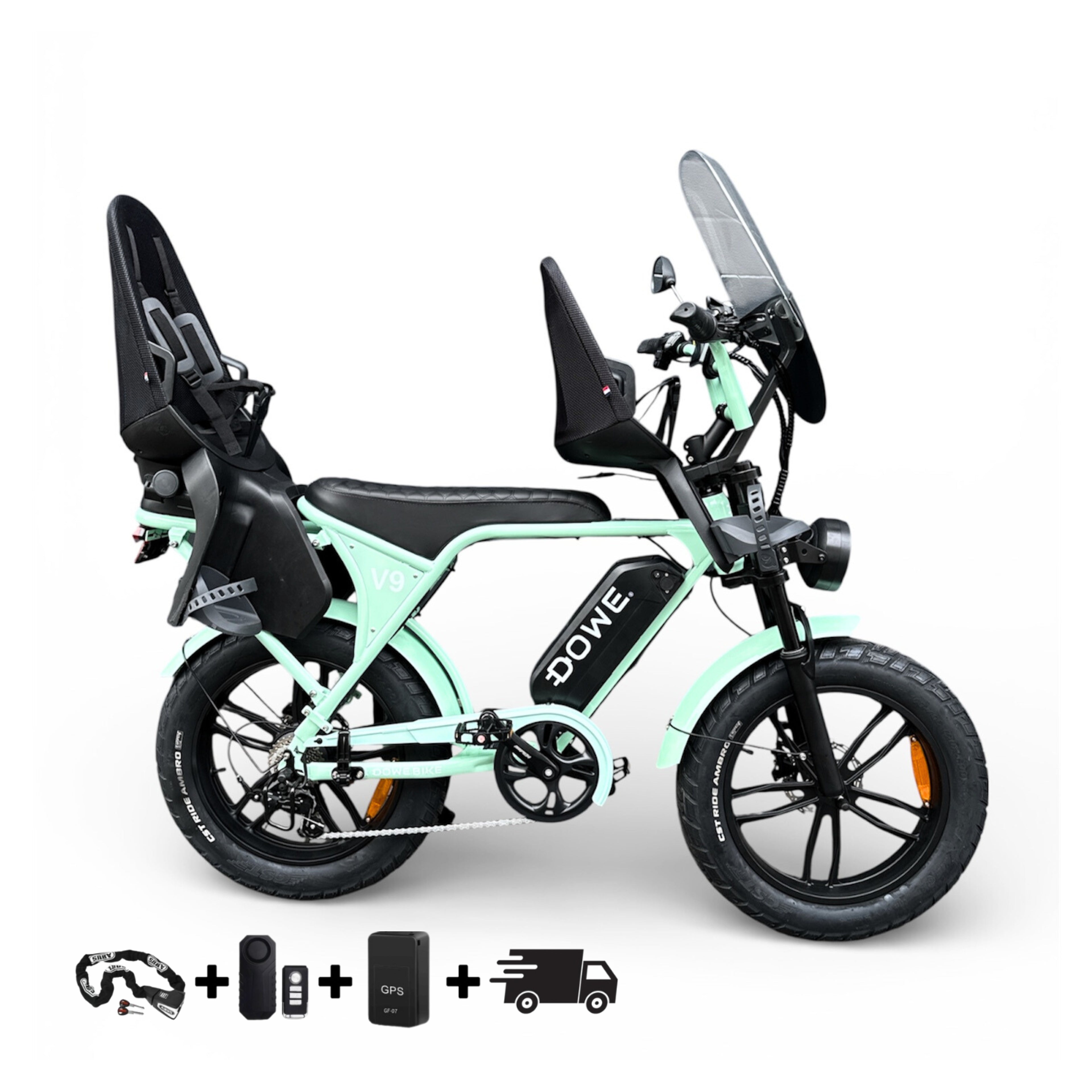 Dowe V9 Elektrische Fatbike met Kinderzitjes - Dowe V9 Mint Groen | Family Fatbike