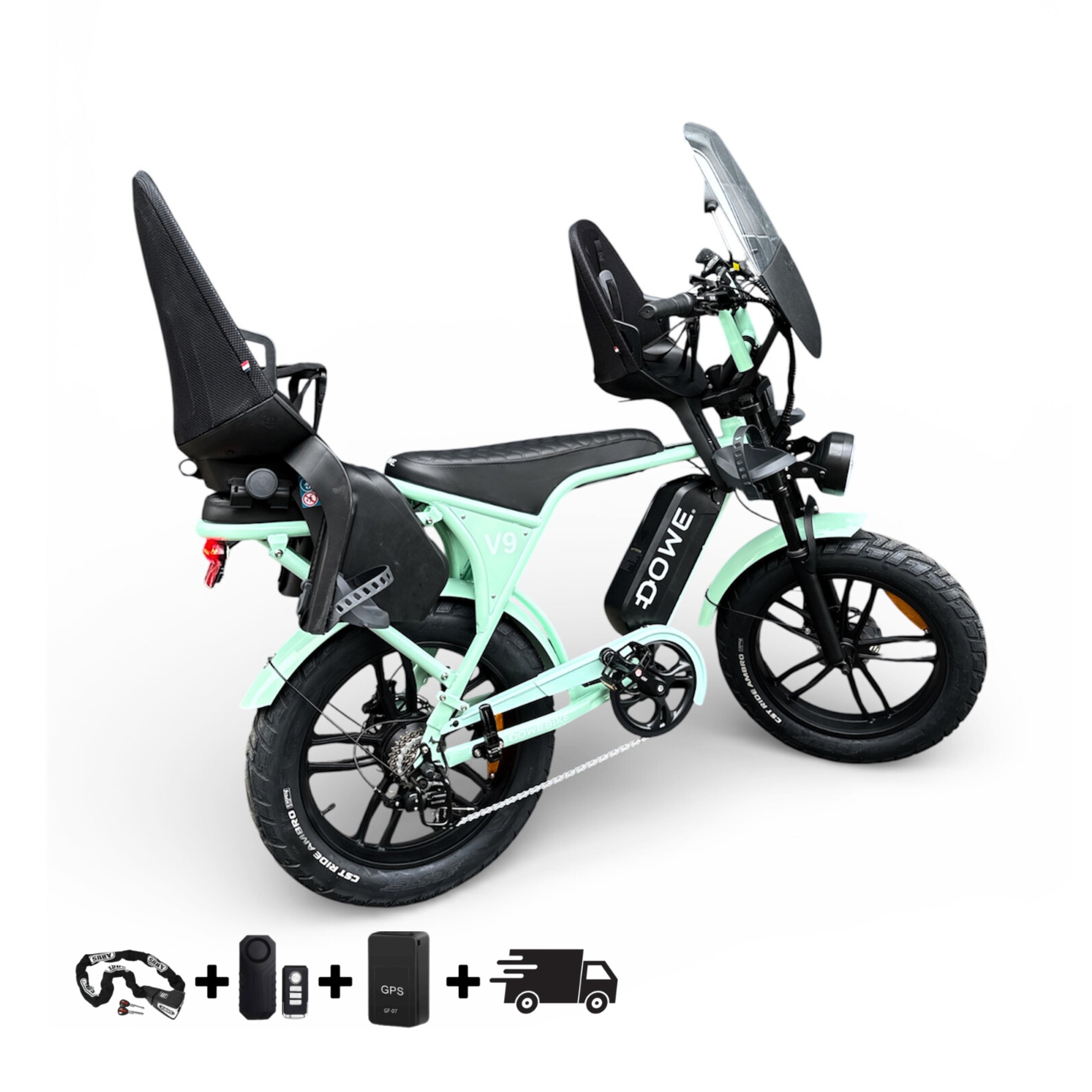 Dowe V9 Elektrische Fatbike met Kinderzitjes - Dowe V9 Mint Groen | Family Fatbike