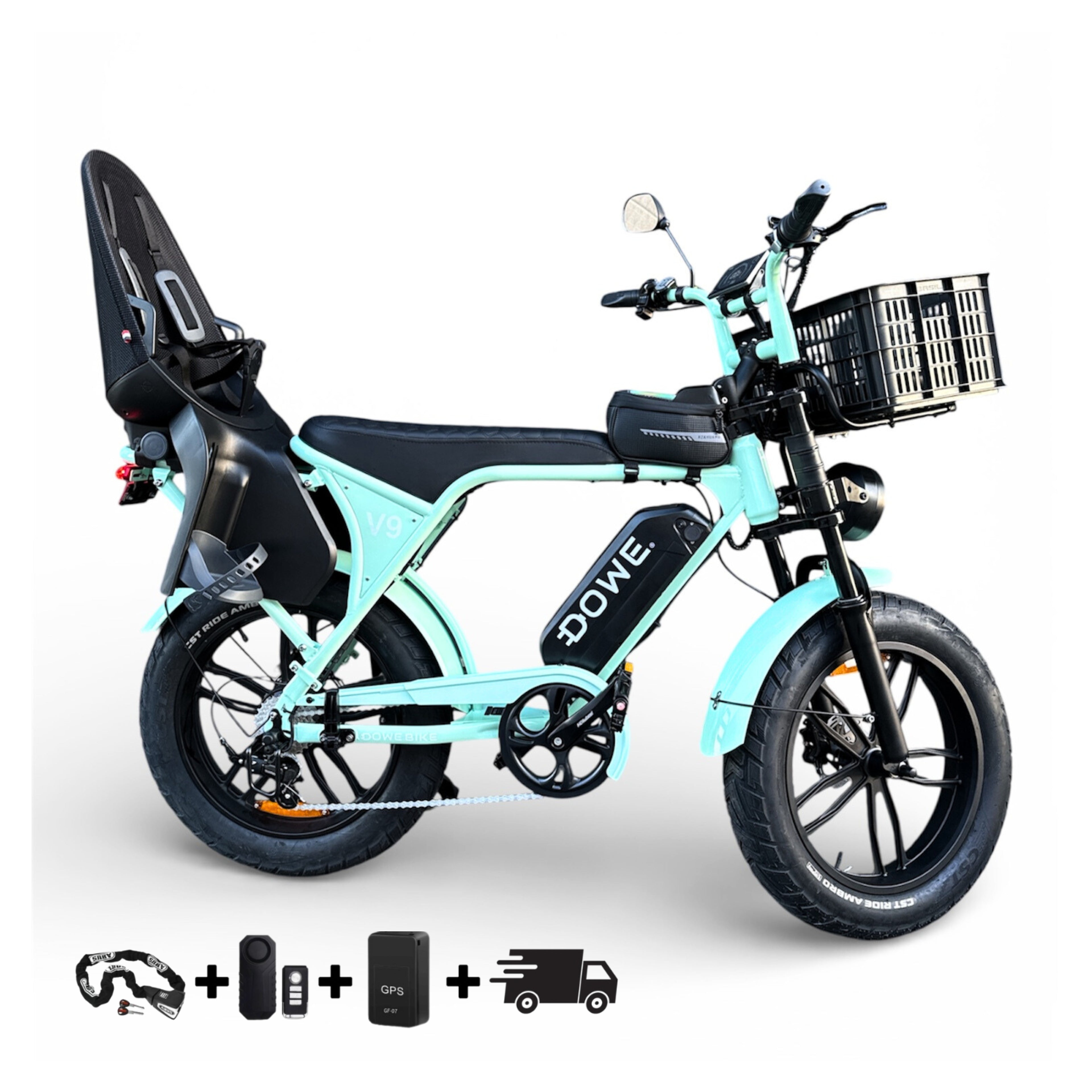 Elektrische Fatbike 250W met Kinderzitje + Krat – Dowe V9 Mint Groen - 17.5Ah Accu – Luxe Uitvoering