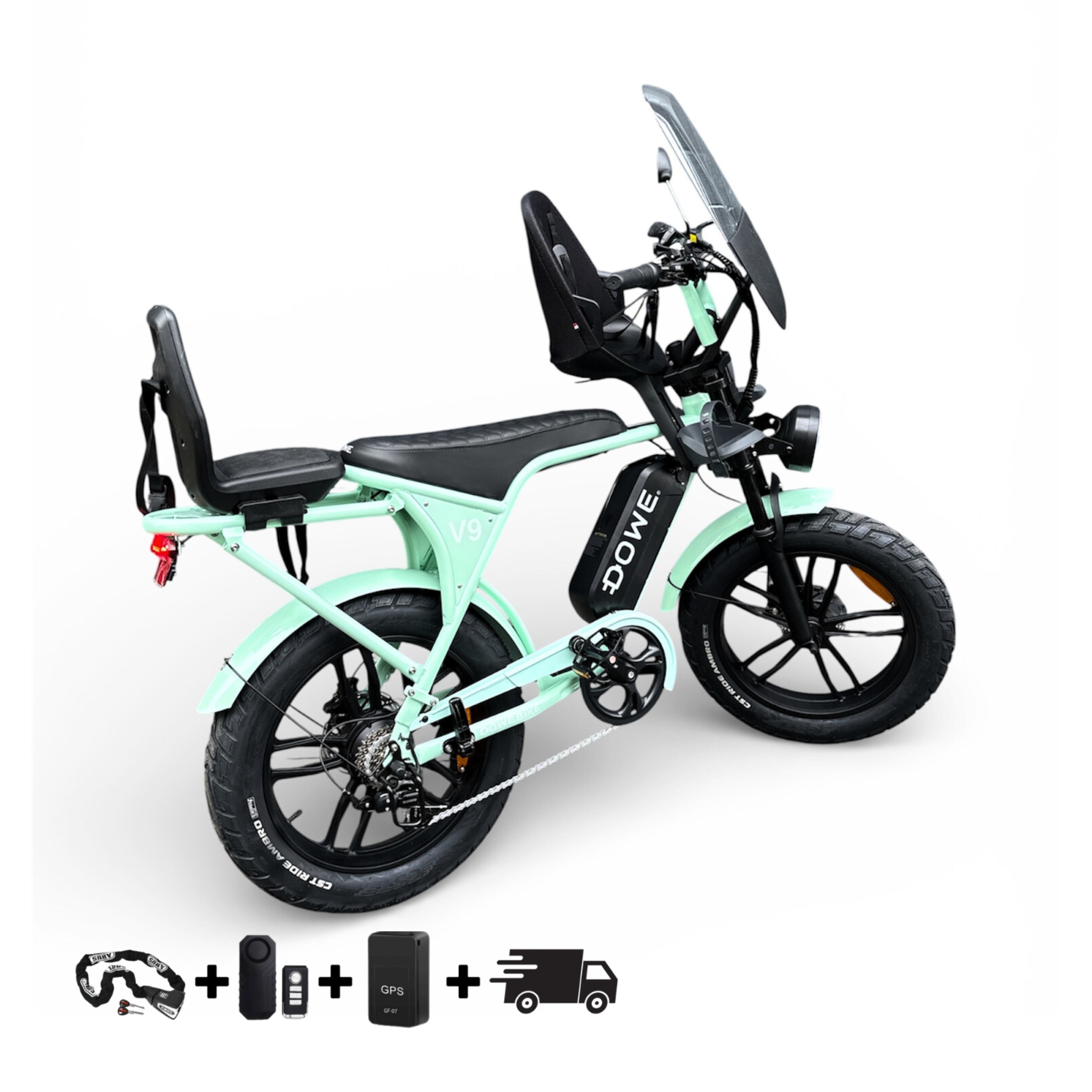Elektrische Fatbike met Kinderzitjes - Dowe V9 Mint Groen | Maximaal Uitgerust + Gratis Extra’s!