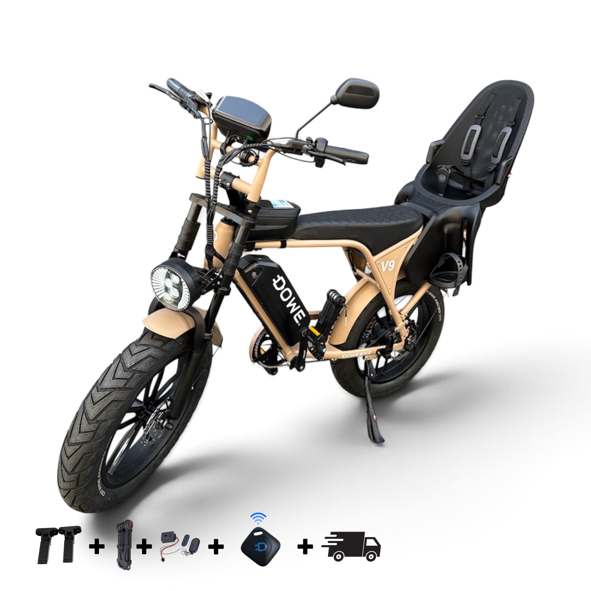 Dowe V9 Elektrische Fatbike met Kinderzitje Achter - Mokka | Family Fatbike tot 6 jaar (22 kg)