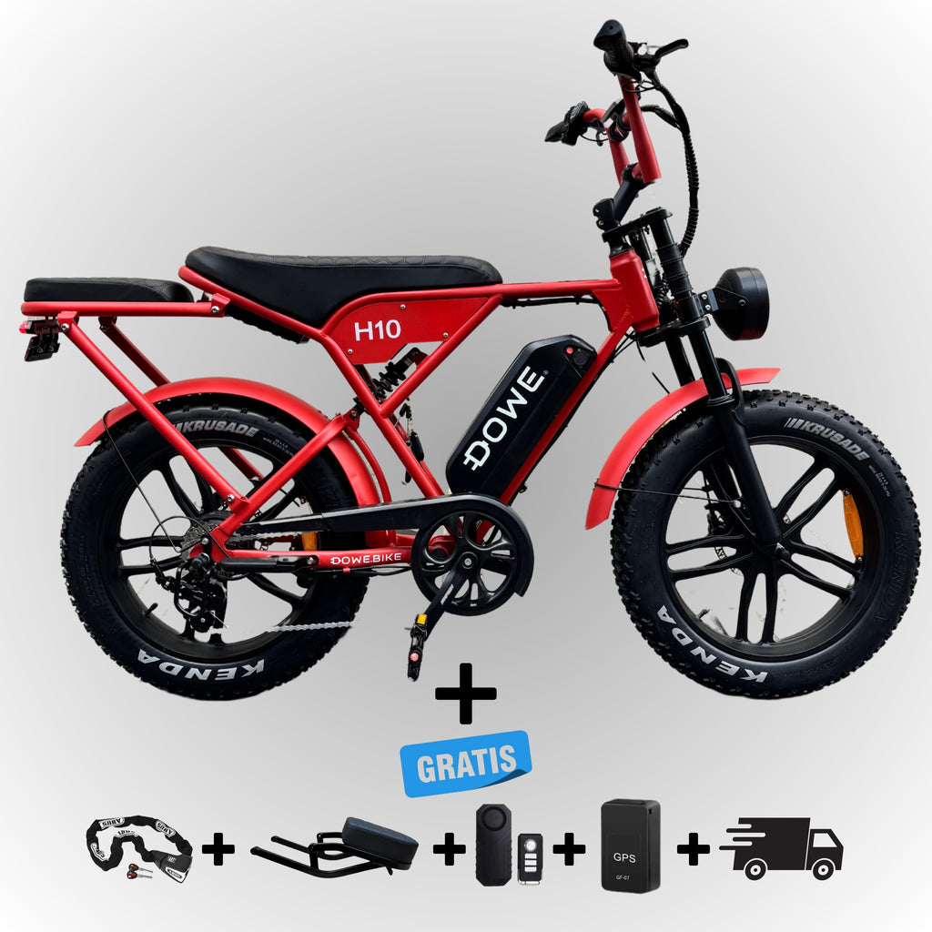 Dowe H10 Fatbike - Rood | 17,5Ah Accu + GRATIS Extra Zitje, Voetsteuntjes, Alarm, GPS Tracker & Abus ART2 Slot | Gratis Bezorgd
