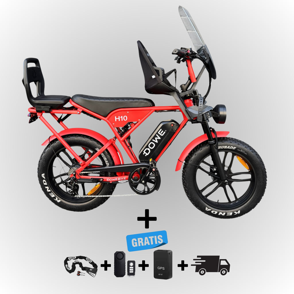 Dowe H10 Elektrische Fatbike met Kinderzitjes - Rood | Maximaal Uitgerust + Gratis Extra's!