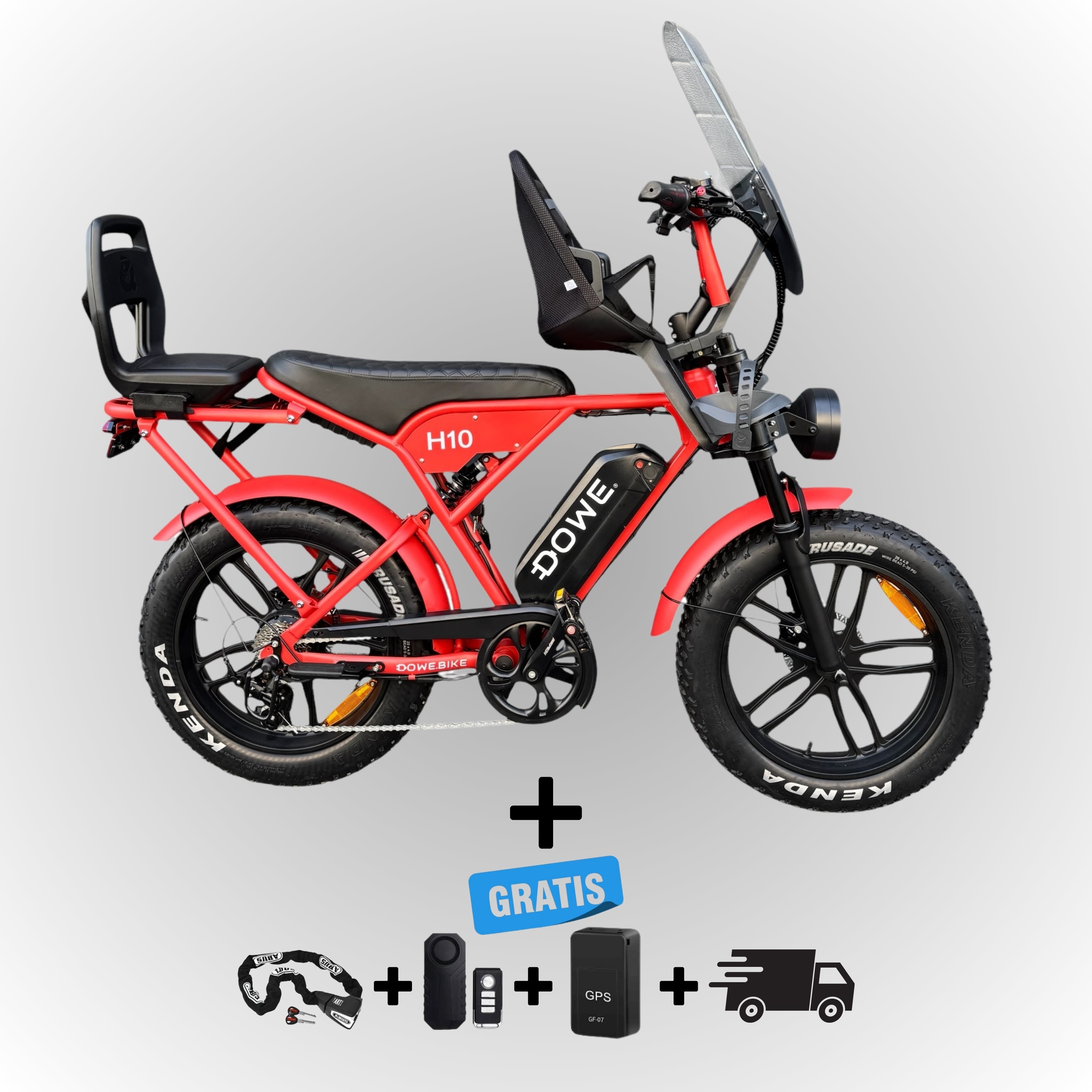 Dowe H10 Elektrische Fatbike met Kinderzitjes - Rood | Maximaal Uitgerust + Gratis Extra's!