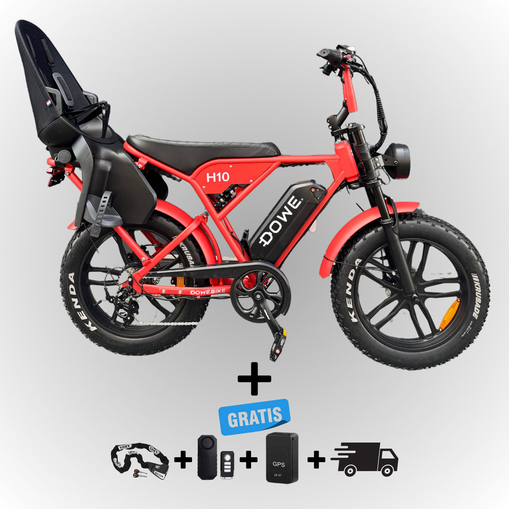 Dowe H10 Elektrische Fatbike met Kinderzitje Achter - Rood | Family Fatbike