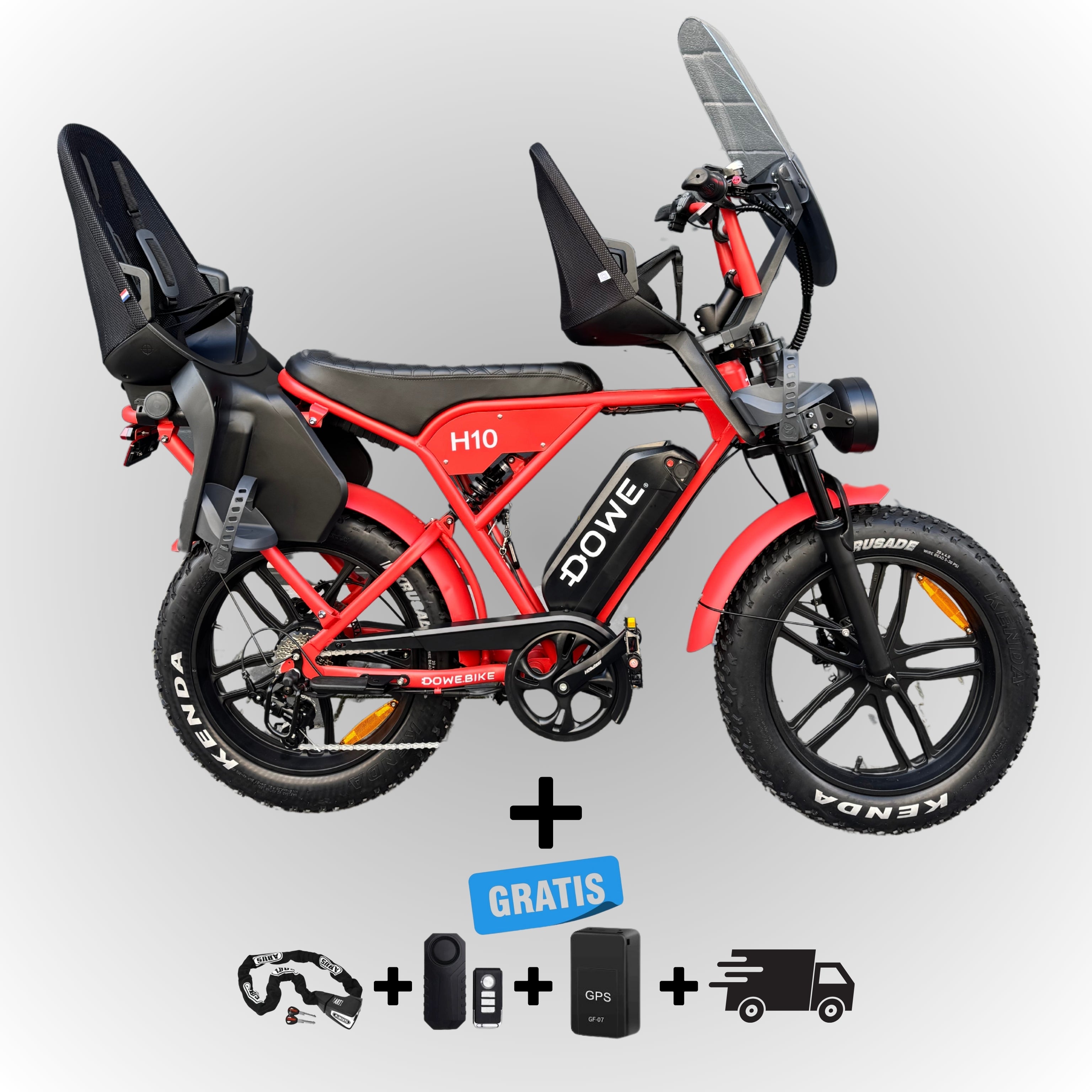 Dowe H10 Elektrische Fatbike met Kinderzitjes - Rood | Family Fatbike