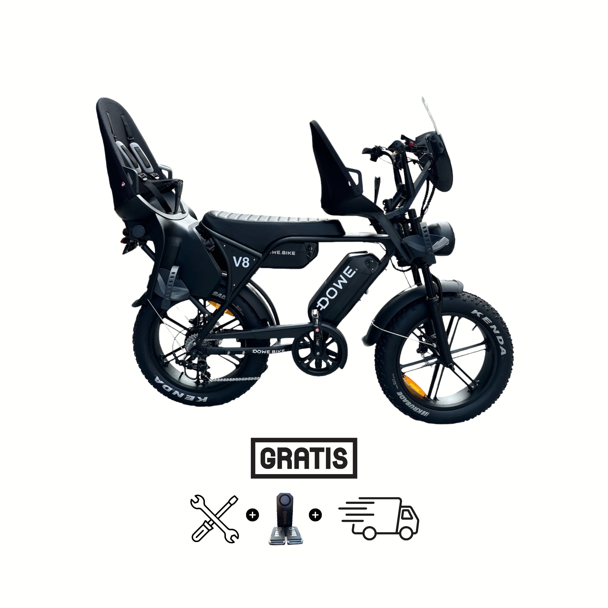 Dowe V8 Max Fatbike met Kinderzitjes - Zwart - Fatbike met Dubbele Accu