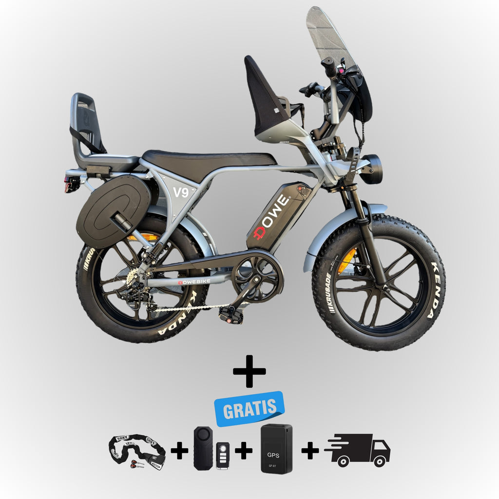 Dowe V9 Elektrische Fatbike met Kinderzitjes - Grijs | Maximaal Uitgerust + Gratis Extra's!
