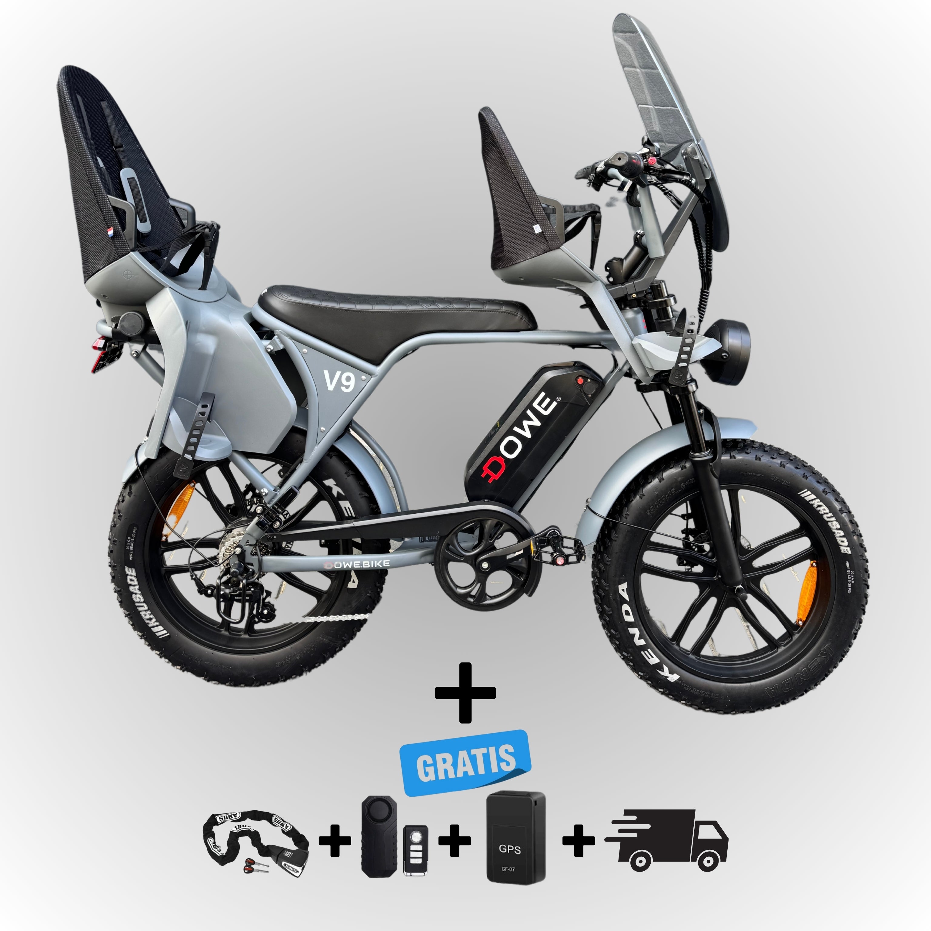 Dowe V9 Elektrische Fatbike met Kinderzitjes - Grijs | Family Fatbike
