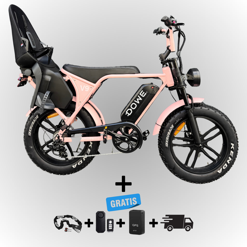 Dowe V9 Elektrische Fatbike met Kinderzitje Achter - Roze | Family Fatbike